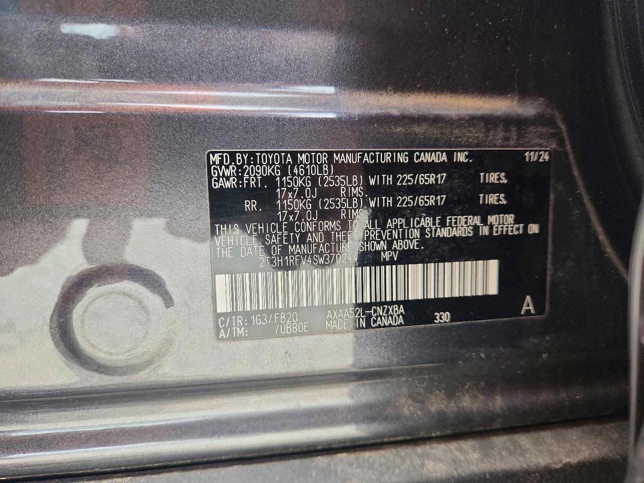 2025 Toyota Rav4 Le Charcoal vin: 2T3H1RFV4SW370244