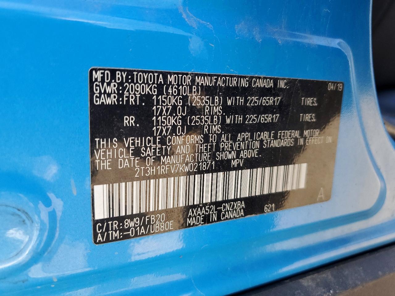 2019 Toyota Rav4 Le Blue vin: 2T3H1RFV7KW021871