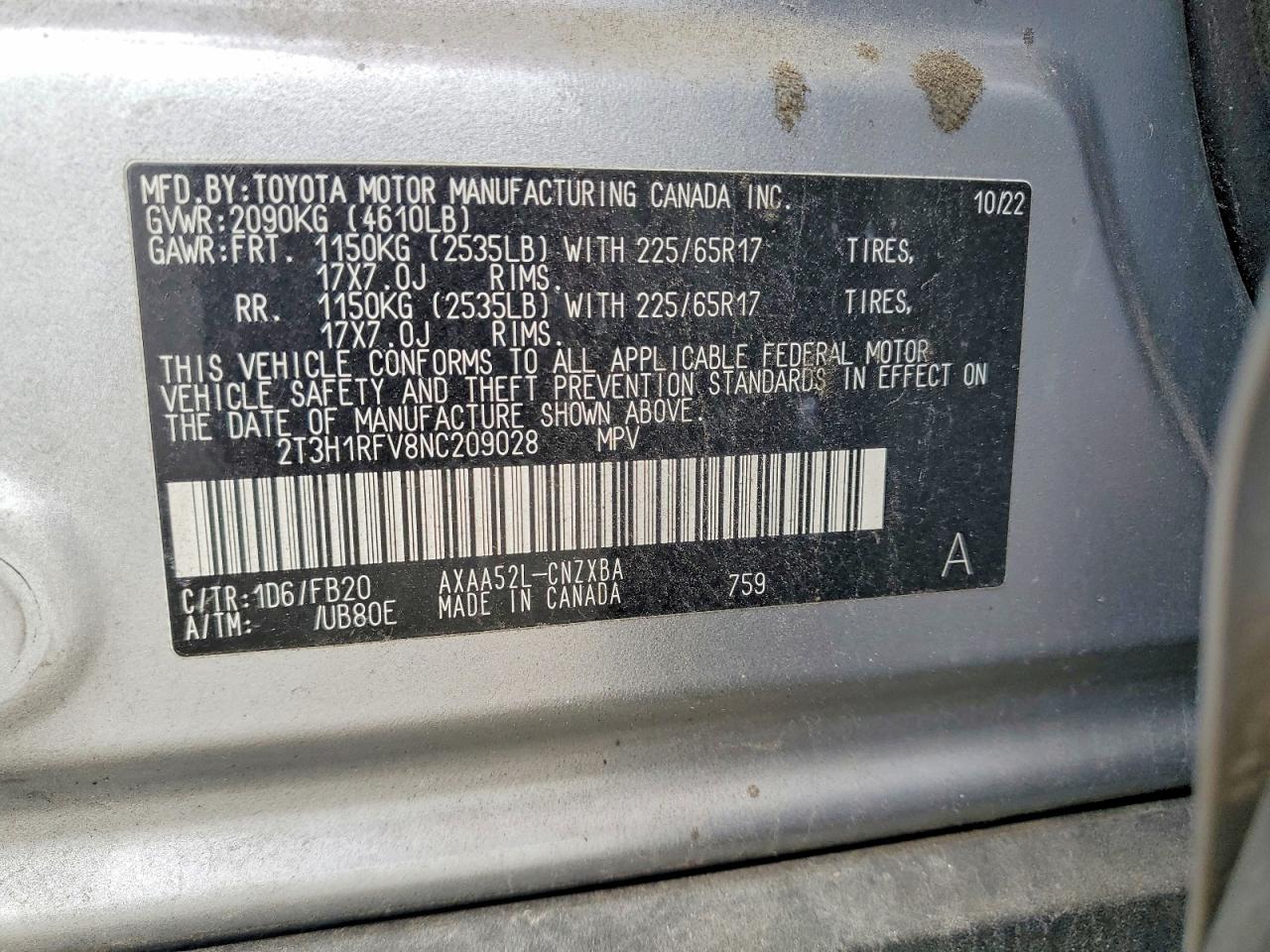 2022 Toyota Rav4 Le Silver vin: 2T3H1RFV8NC209028