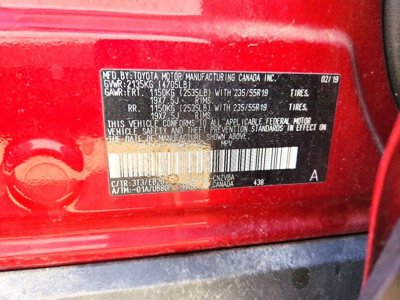 2019 Toyota Rav4 Adventure Red vin: 2T3J1RFV4KW027645