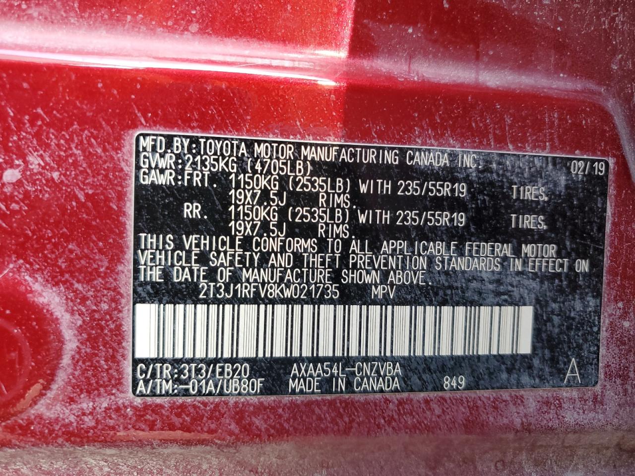 2019 Toyota Rav4 Adventure Maroon vin: 2T3J1RFV8KW021735