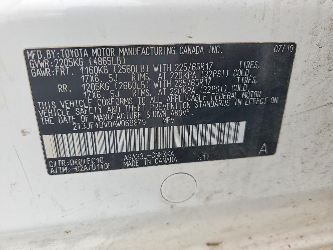 2010 Toyota Rav4 Base White vin: 2T3JF4DV0AW069879