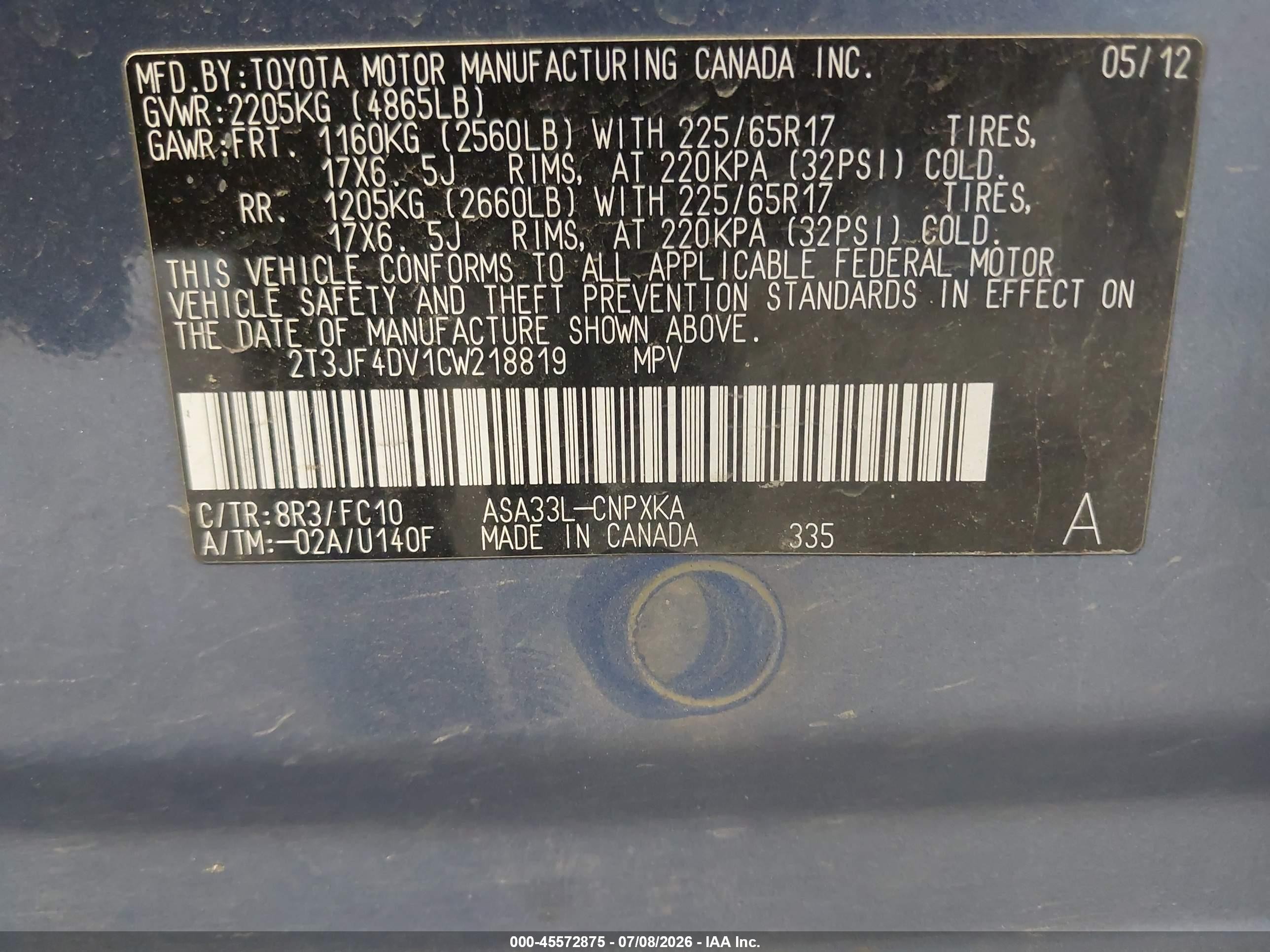 2012 Toyota Rav4   Blue vin: 2T3JF4DV1CW218819