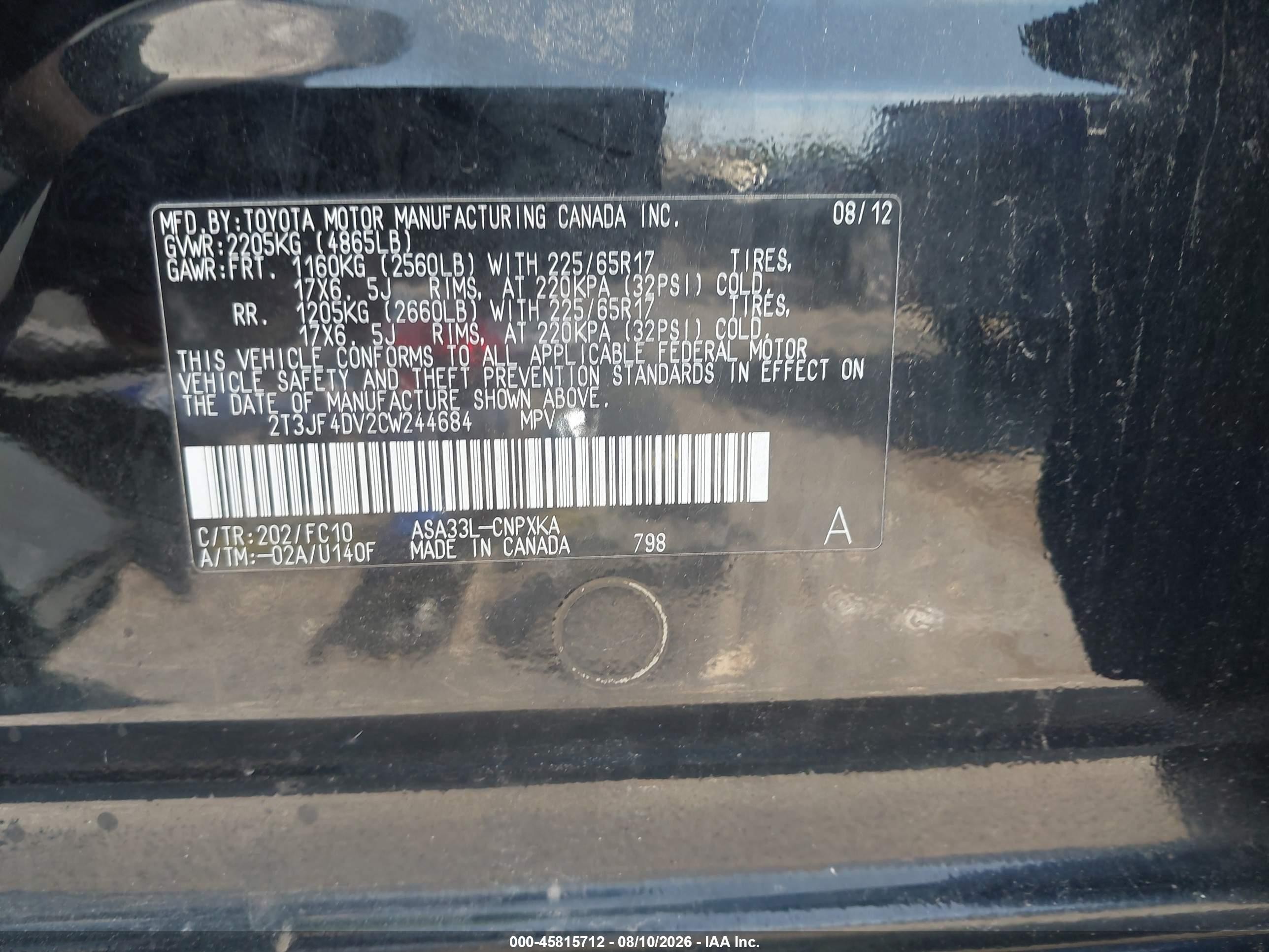 2012 Toyota Rav4   Black vin: 2T3JF4DV2CW244684
