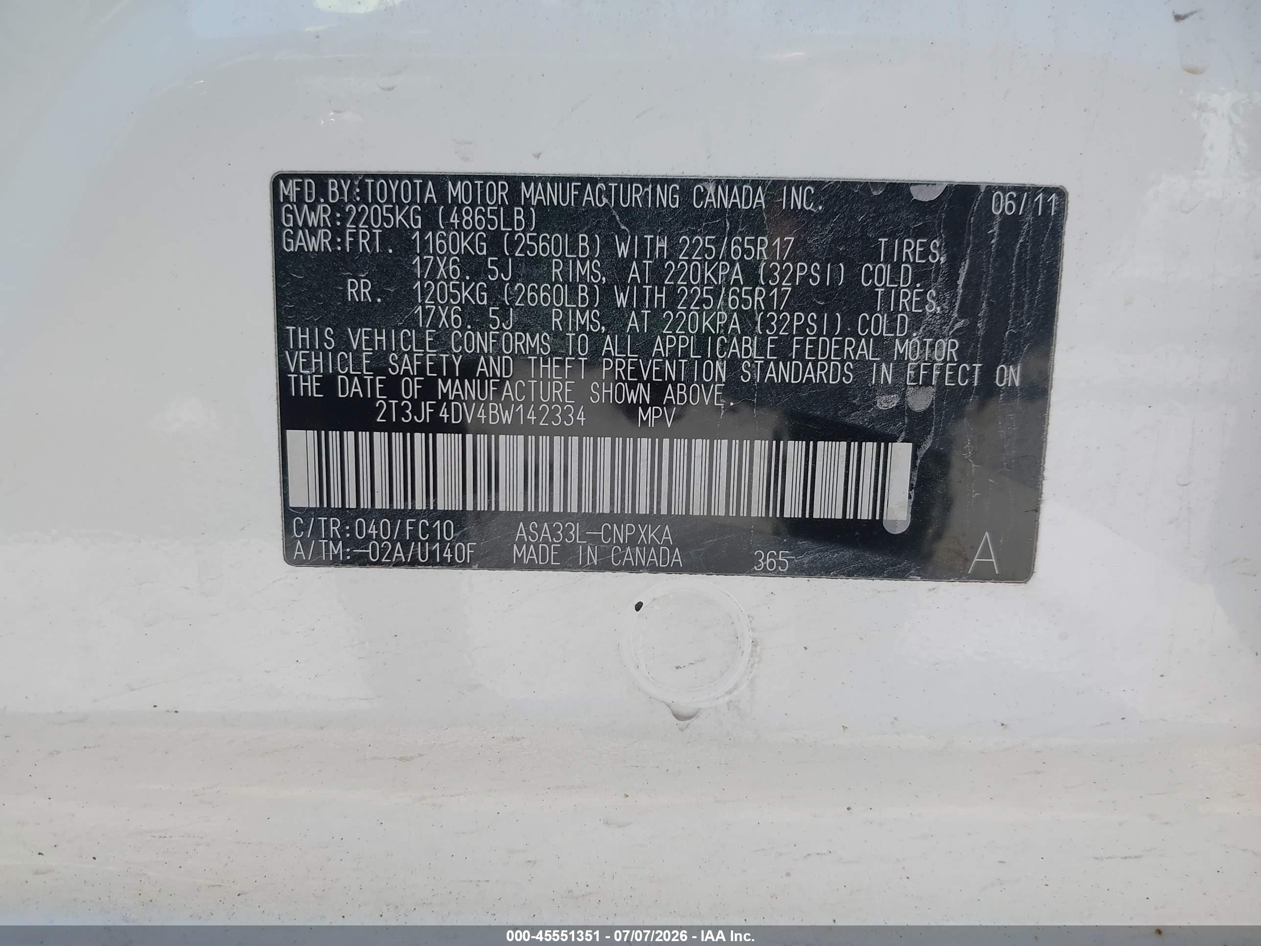 2011 Toyota Rav4   White vin: 2T3JF4DV4BW142334