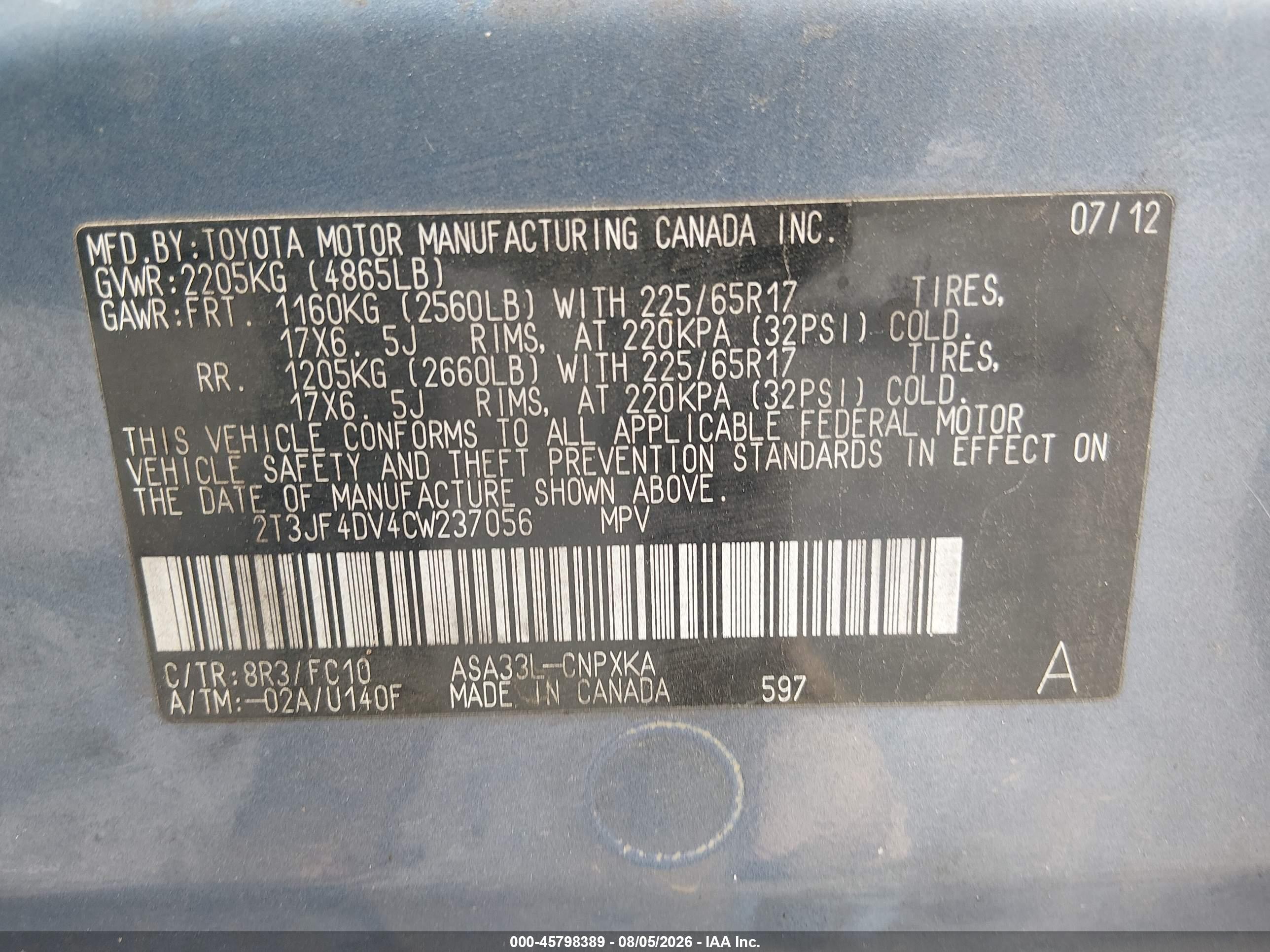 2012 Toyota Rav4   Blue vin: 2T3JF4DV4CW237056
