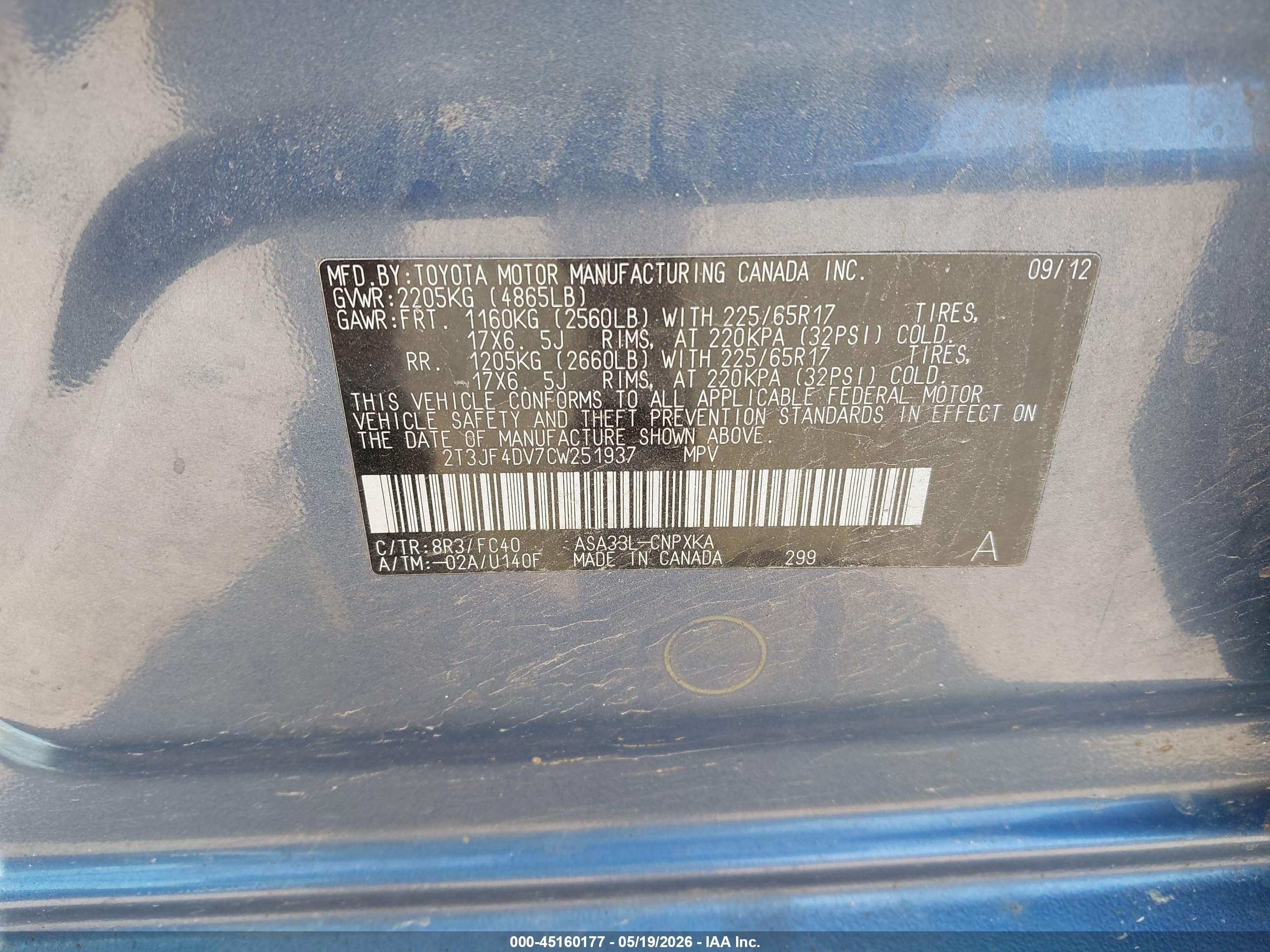 2012 Toyota Rav4   Blue vin: 2T3JF4DV7CW251937