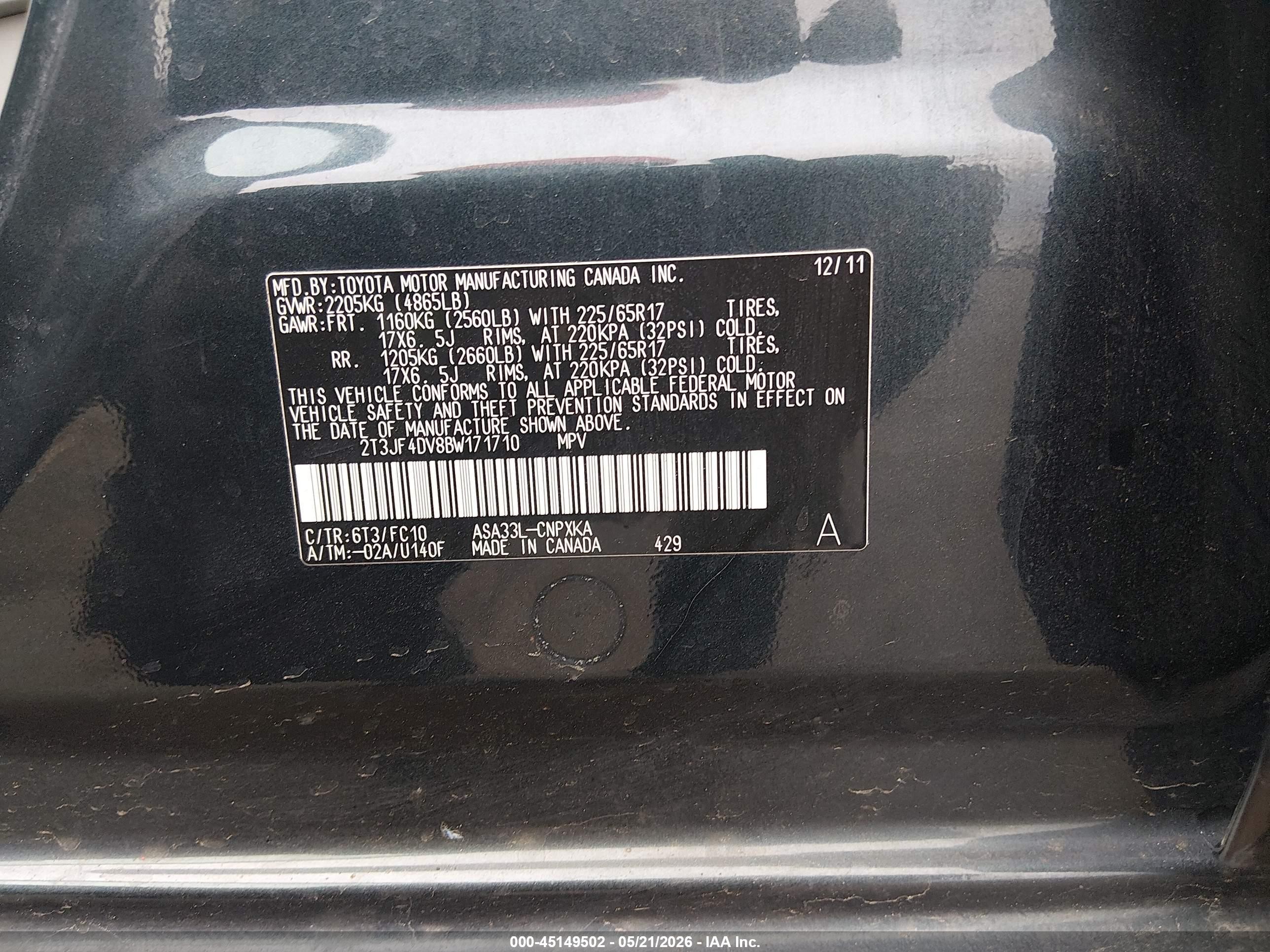 2011 Toyota Rav4 Black vin: 2T3JF4DV8BW171710