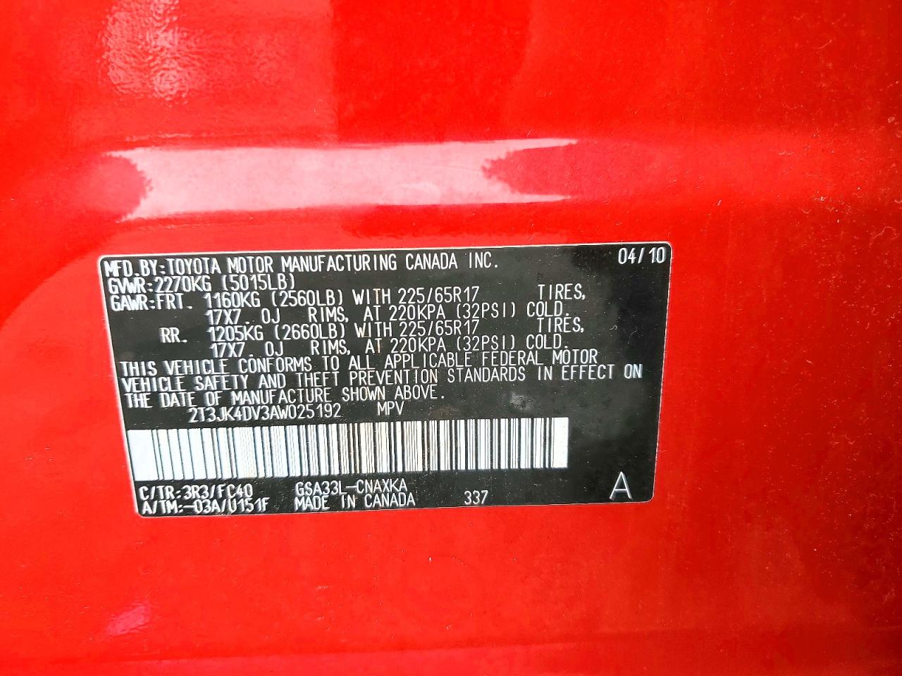 2010 Toyota Rav4 Base Red vin: 2T3JK4DV3AW025192