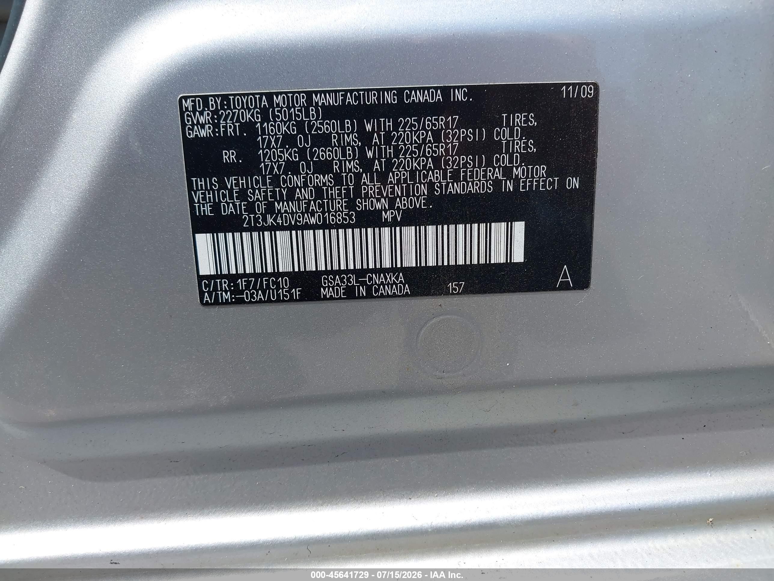 2010 Toyota Rav4 Base V6 Серебряный vin: 2T3JK4DV9AW016853