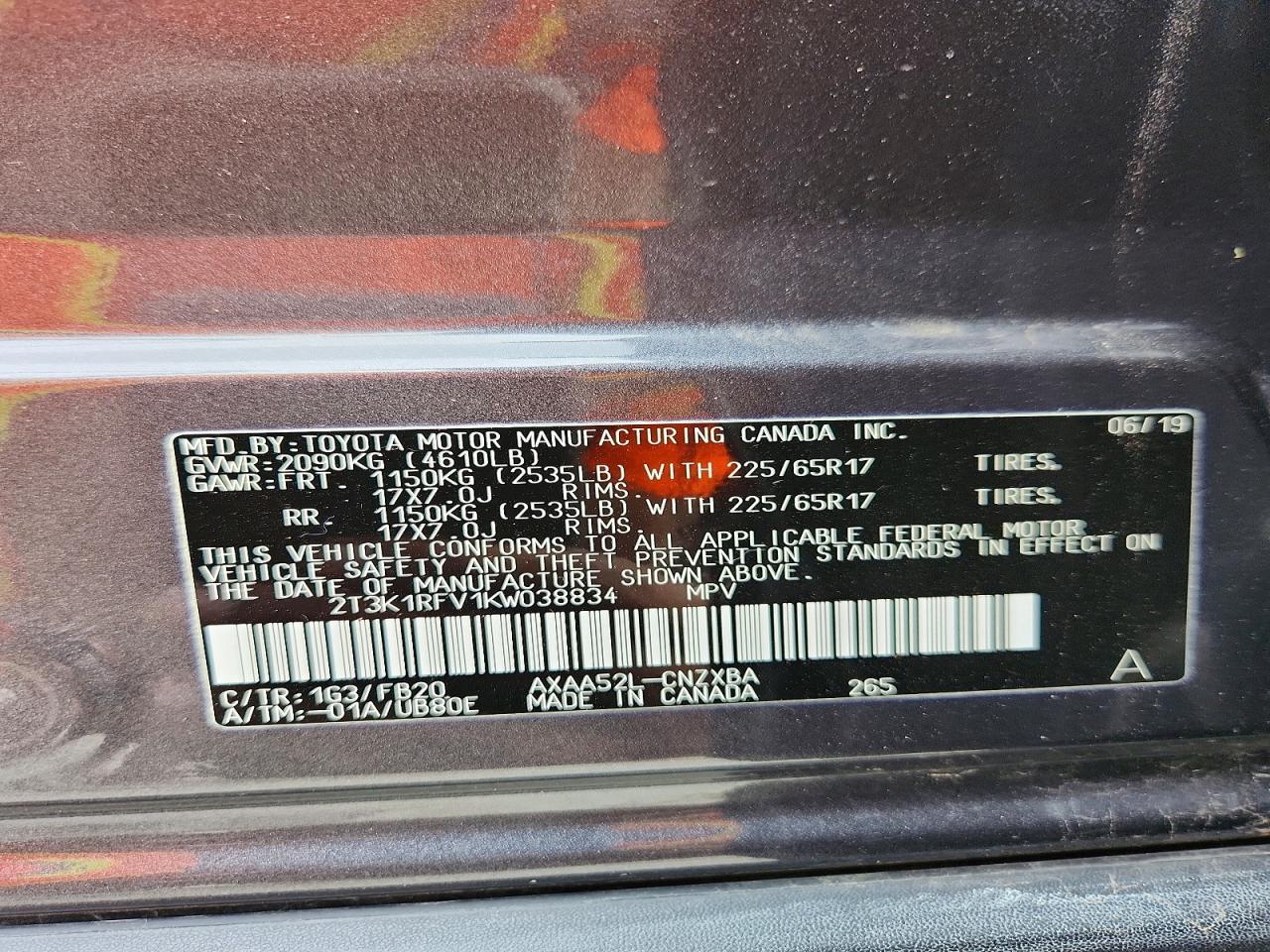 2019 Toyota Rav4 Le Charcoal vin: 2T3K1RFV1KW038834