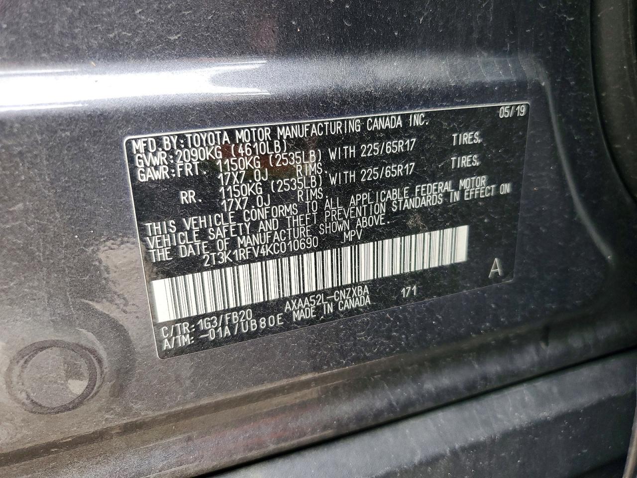 2019 Toyota Rav4 Le Charcoal vin: 2T3K1RFV4KC010690
