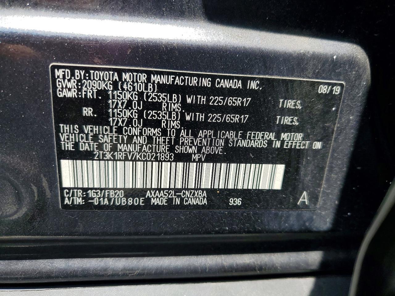 2019 Toyota Rav4 Le Gray vin: 2T3K1RFV7KC021893