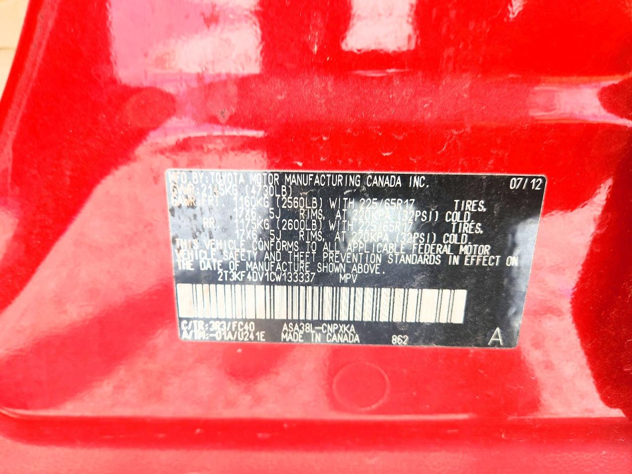 2012 Toyota Rav4 Base Red vin: 2T3KF4DV1CW133337