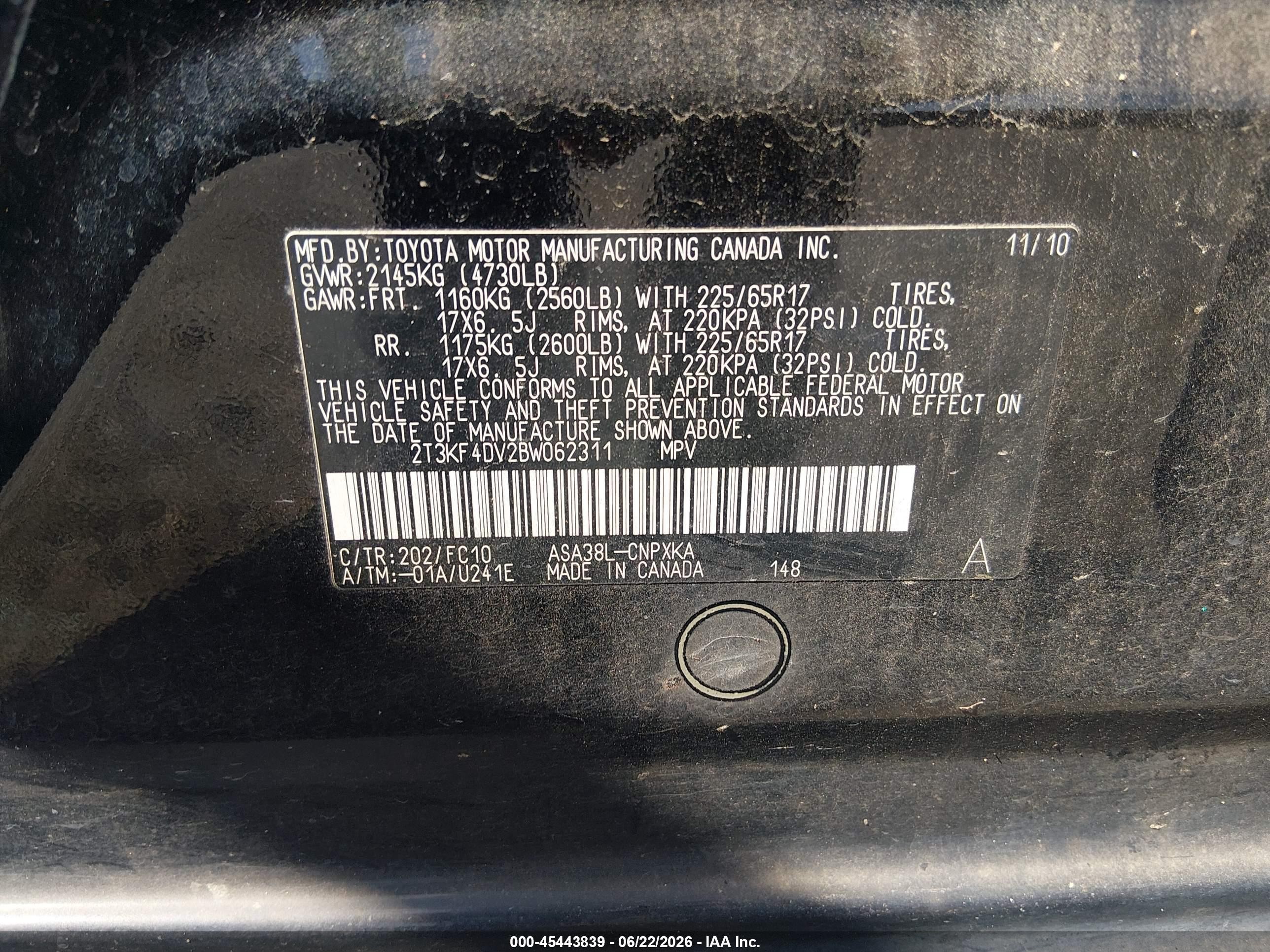 2011 Toyota Rav4   Black vin: 2T3KF4DV2BW062311