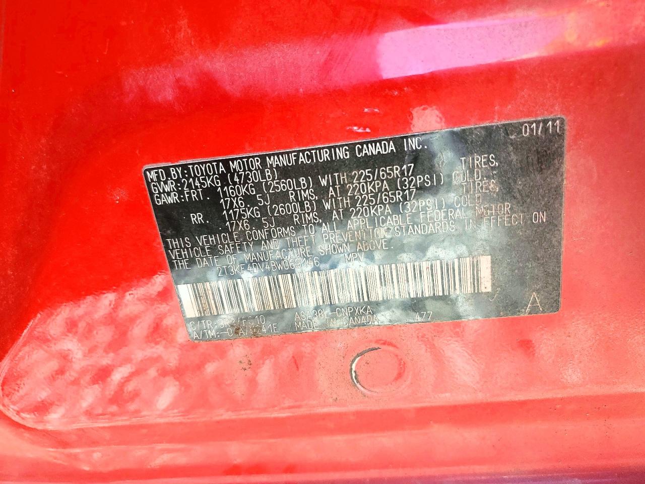2011 Toyota Rav4 Base Red vin: 2T3KF4DV4BW069146