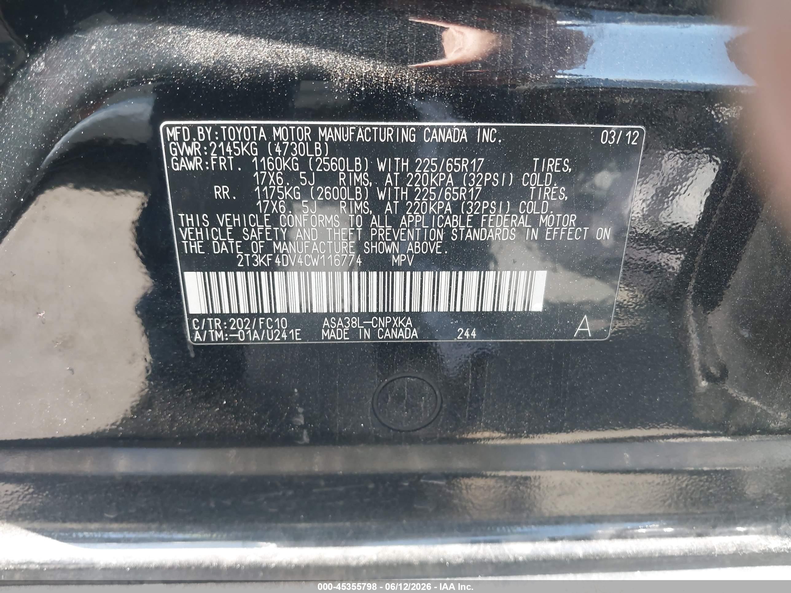 2012 Toyota Rav4   Black vin: 2T3KF4DV4CW116774