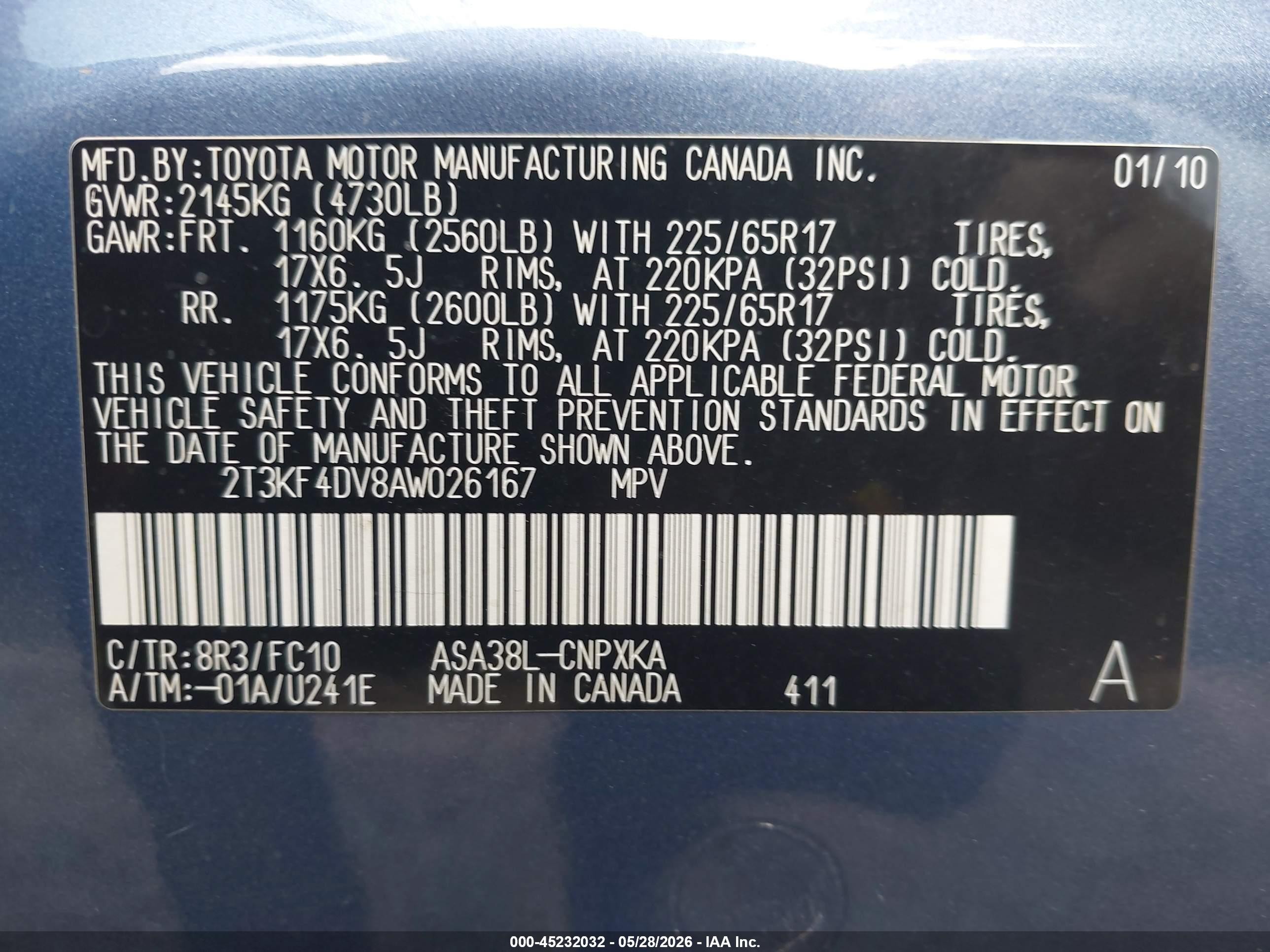 2010 Toyota Rav4   Blue vin: 2T3KF4DV8AW026167
