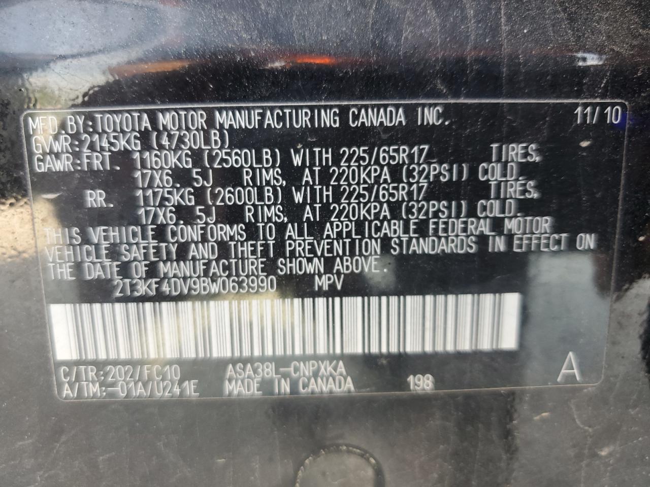 2011 Toyota Rav4 Black vin: 2T3KF4DV9BW063990