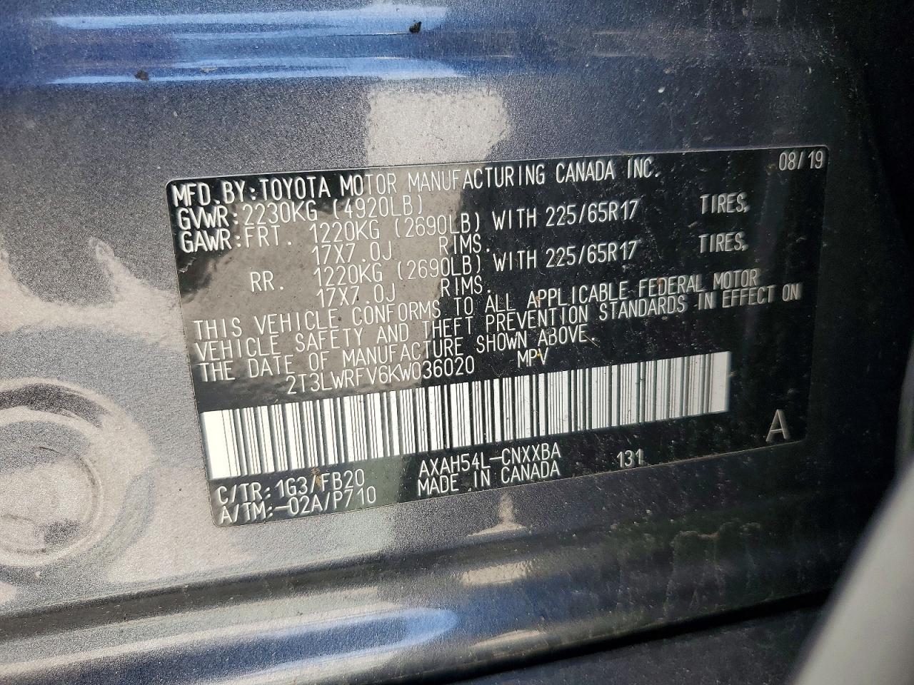 2019 Toyota Rav4 Le Gray vin: 2T3LWRFV6KW036020
