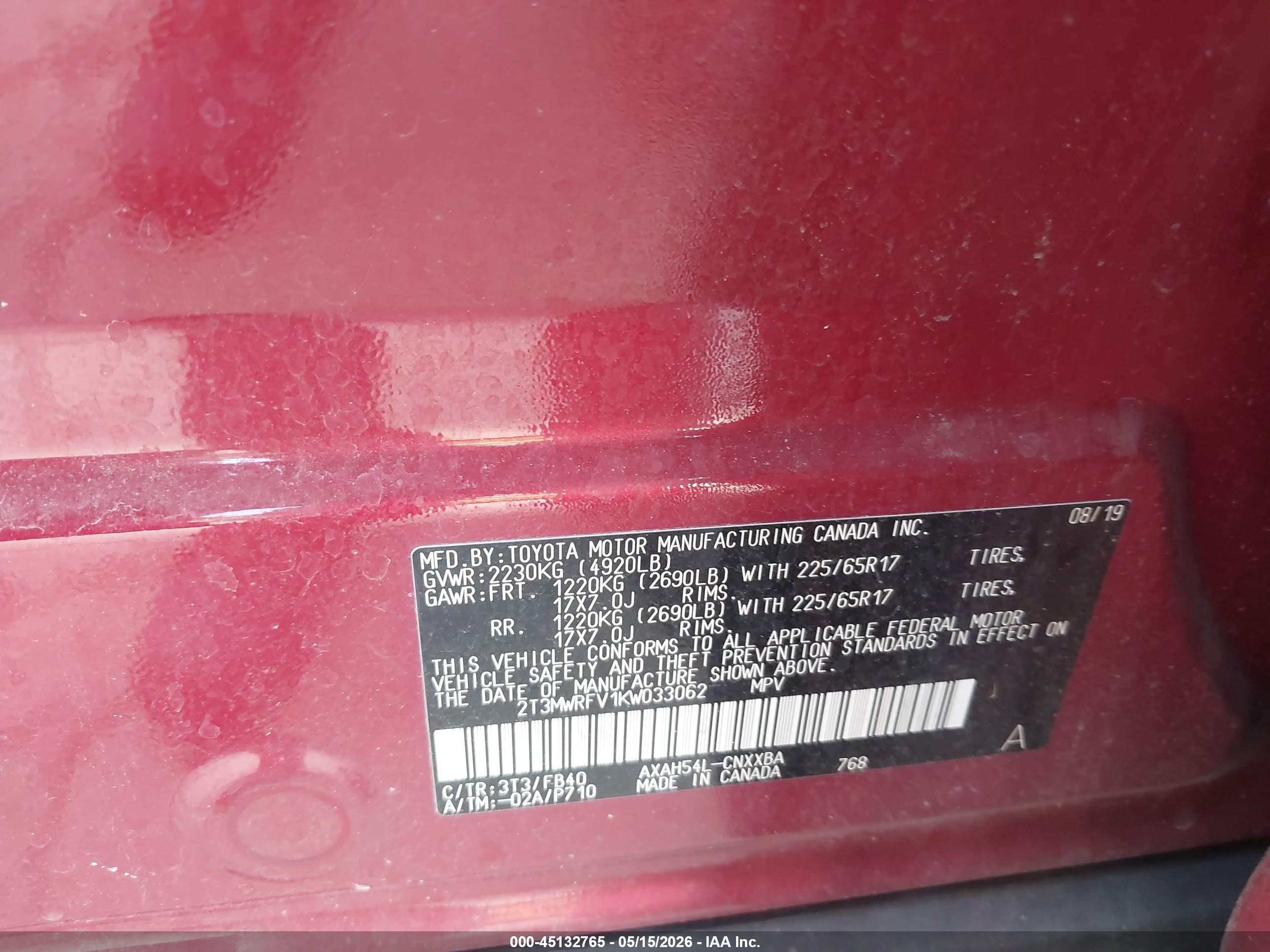 2019 Toyota Rav4 Hybrid Le Red vin: 2T3MWRFV1KW033062