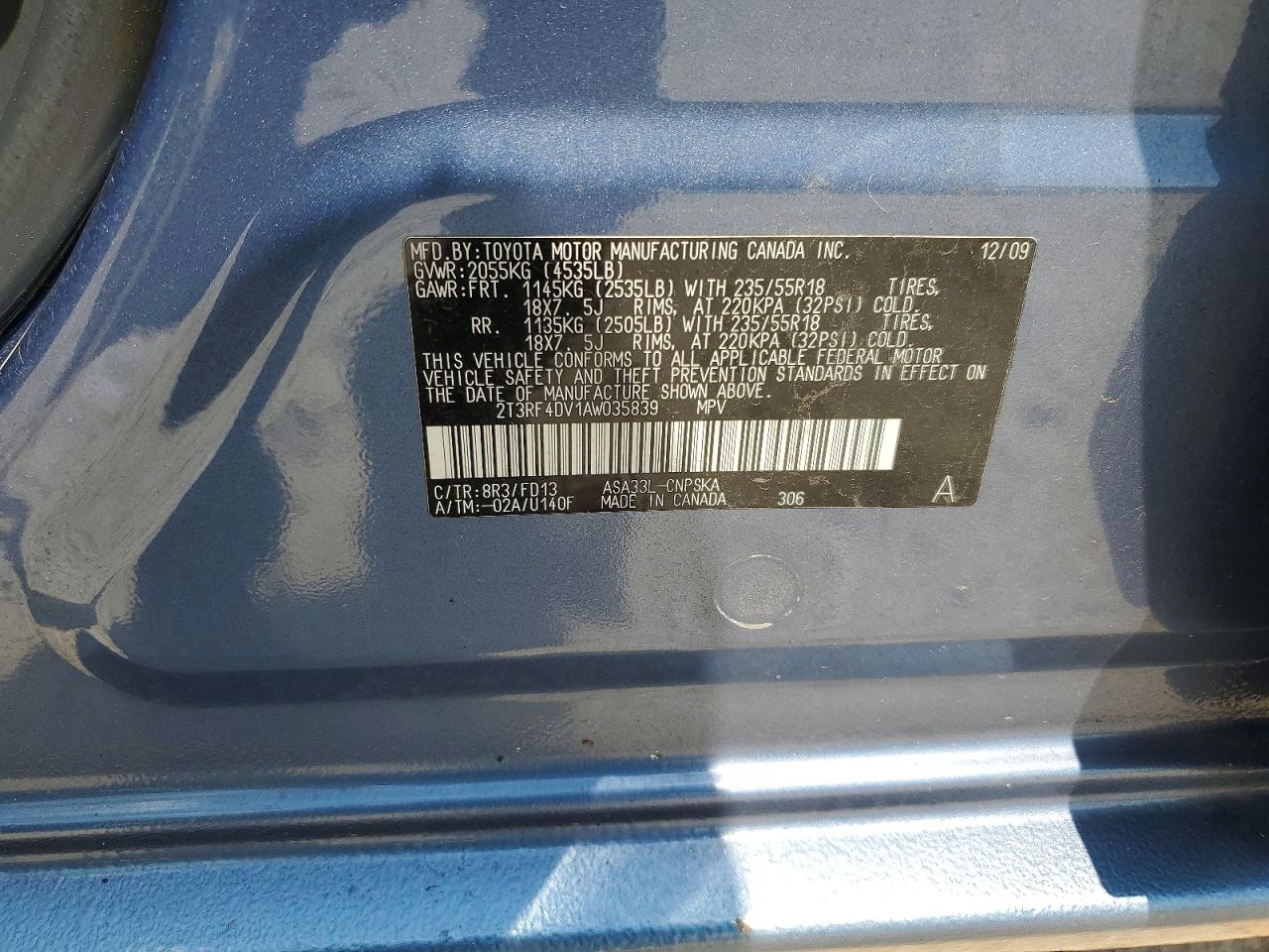 2010 Toyota Rav4 Sport Blue vin: 2T3RF4DV1AW035839