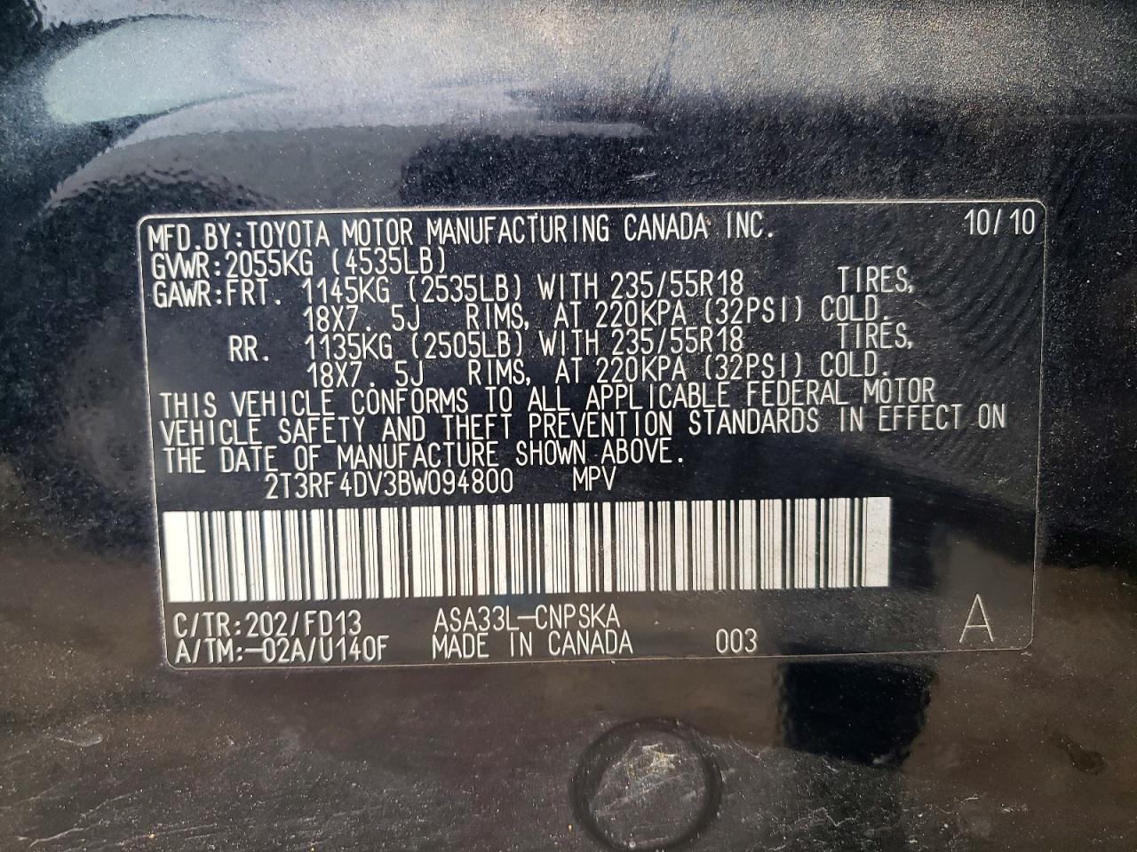2011 Toyota Rav4 Sport Black vin: 2T3RF4DV3BW094800