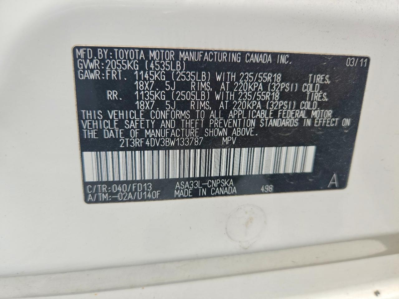 2011 Toyota Rav4 Sport White vin: 2T3RF4DV3BW133787
