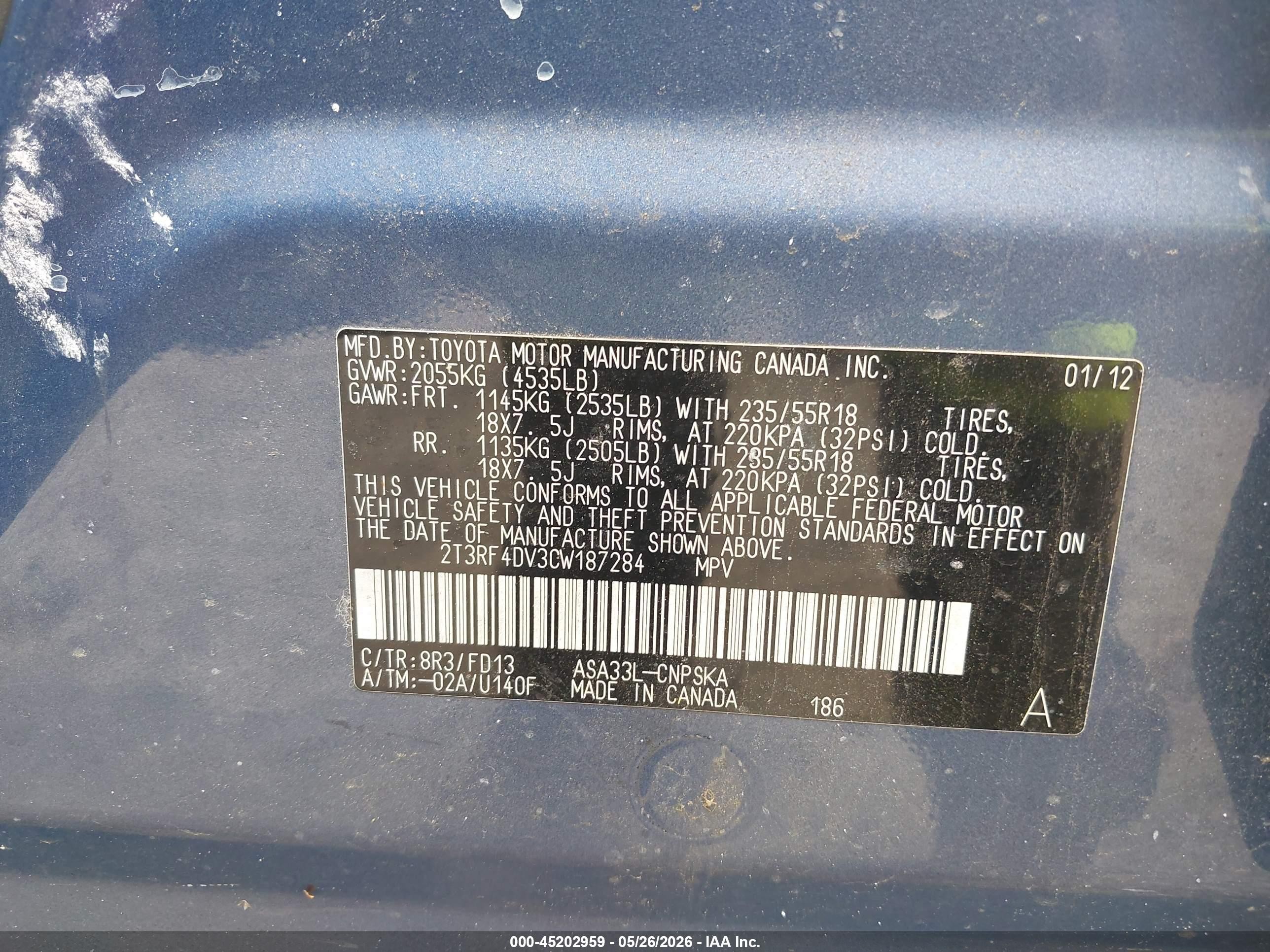 2012 Toyota Rav4 Sport Blue vin: 2T3RF4DV3CW187284