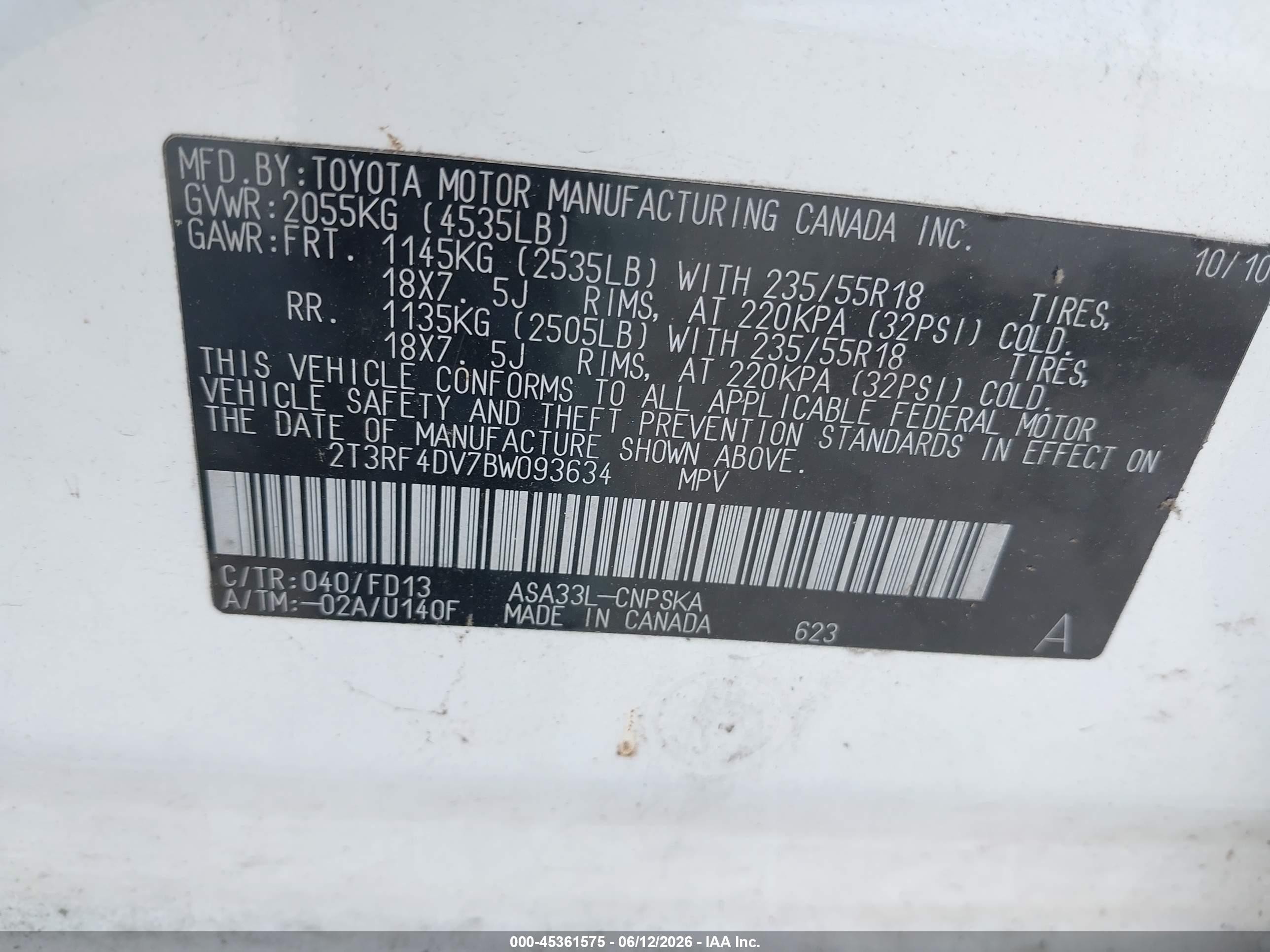 2011 Toyota Rav4 Sport White vin: 2T3RF4DV7BW093634
