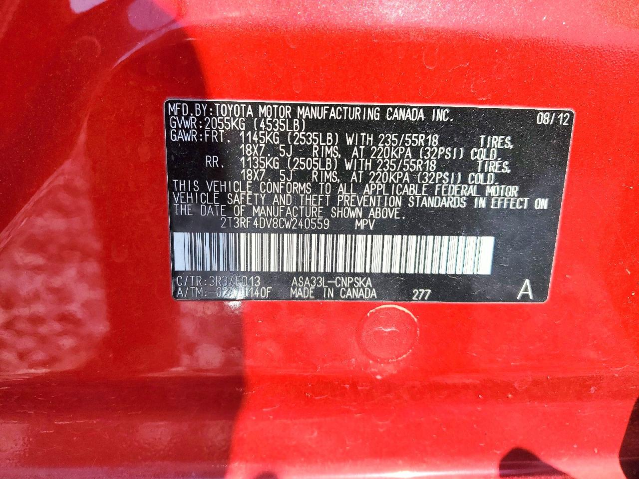 2012 Toyota Rav4 Sport Red vin: 2T3RF4DV8CW240559