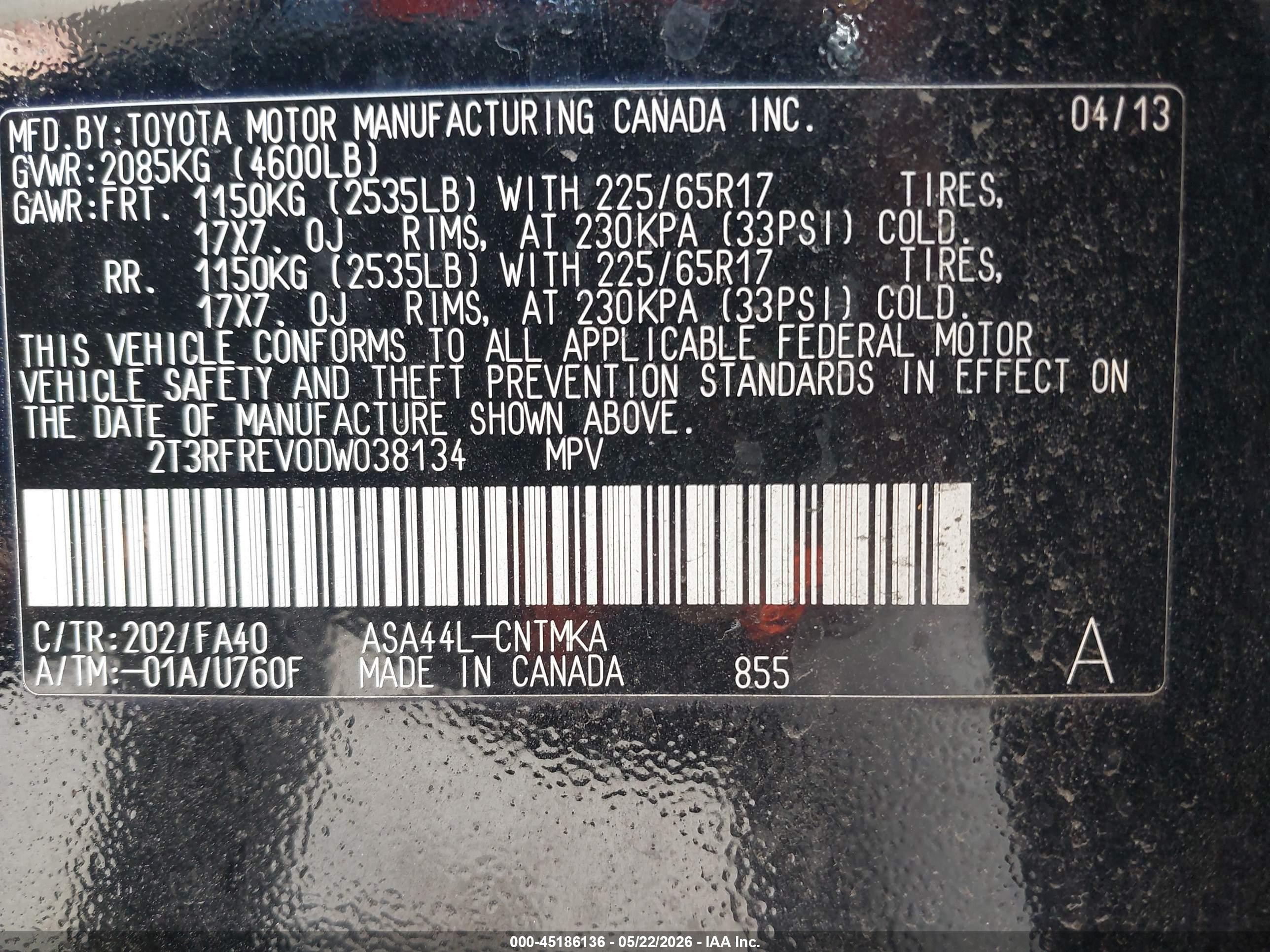 2013 Toyota Rav4 Xle Black vin: 2T3RFREV0DW038134