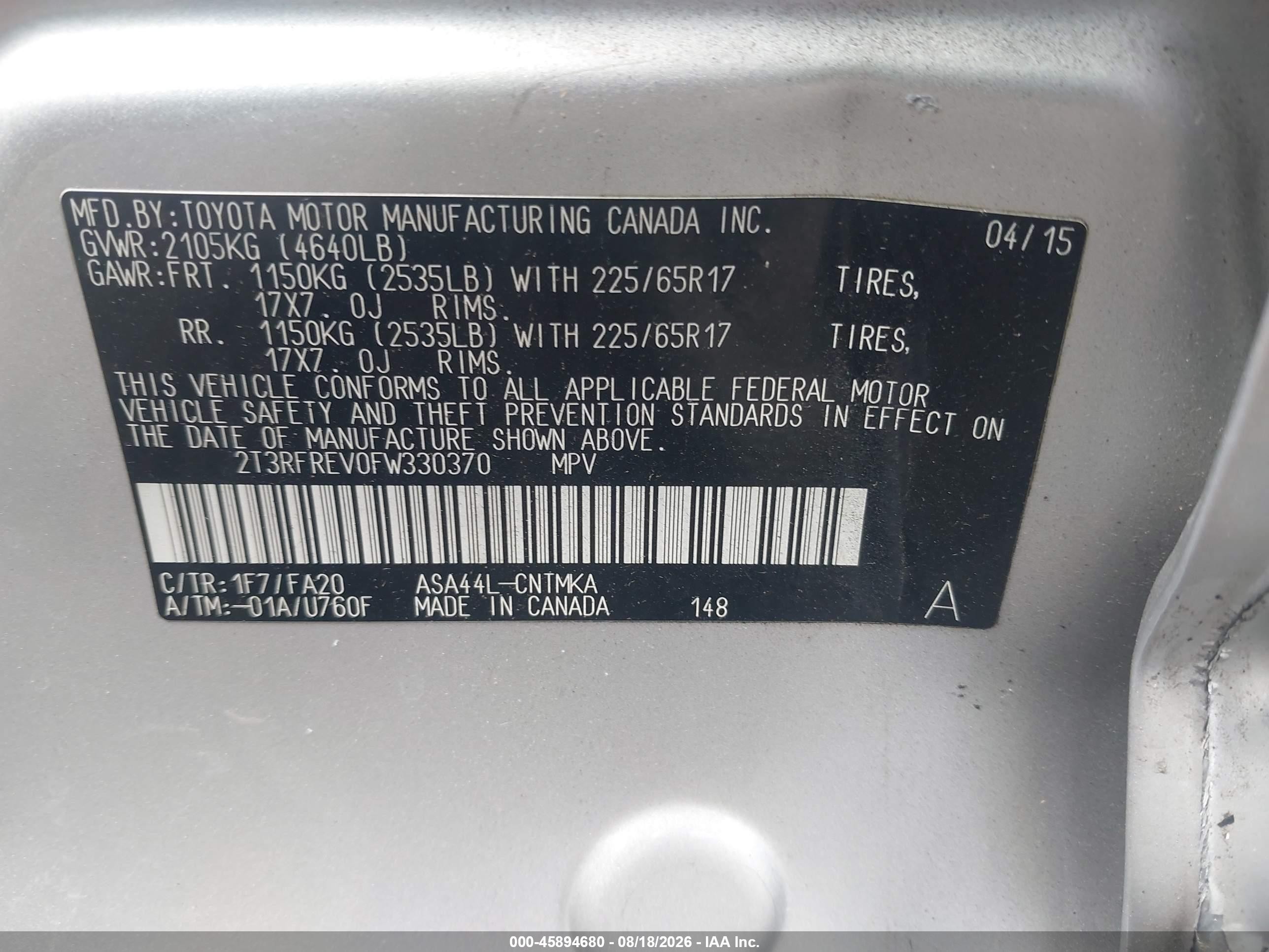 2015 Toyota Rav4 Xle Silver vin: 2T3RFREV0FW330370