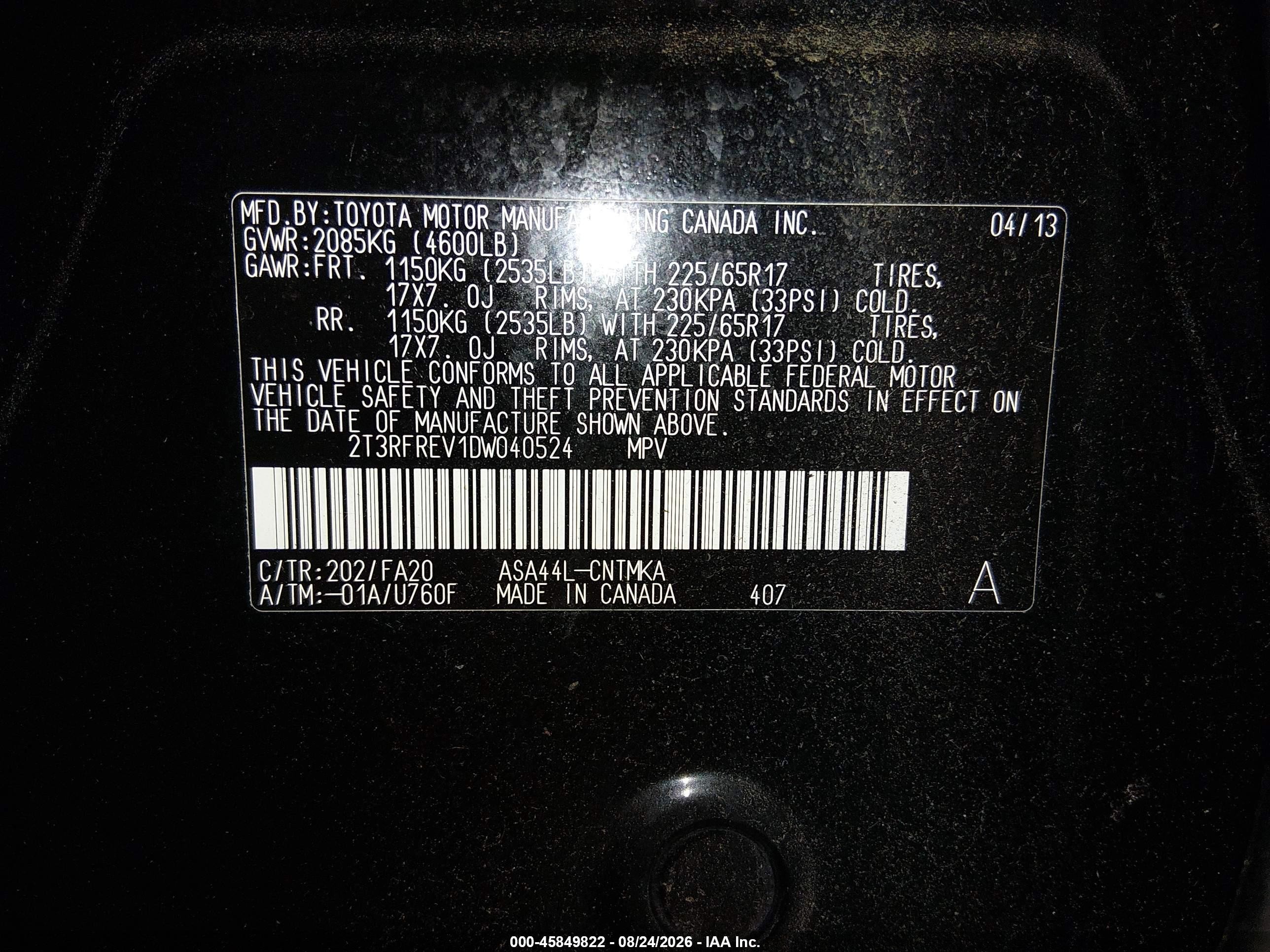 2013 Toyota Rav4 Xle Black vin: 2T3RFREV1DW040524