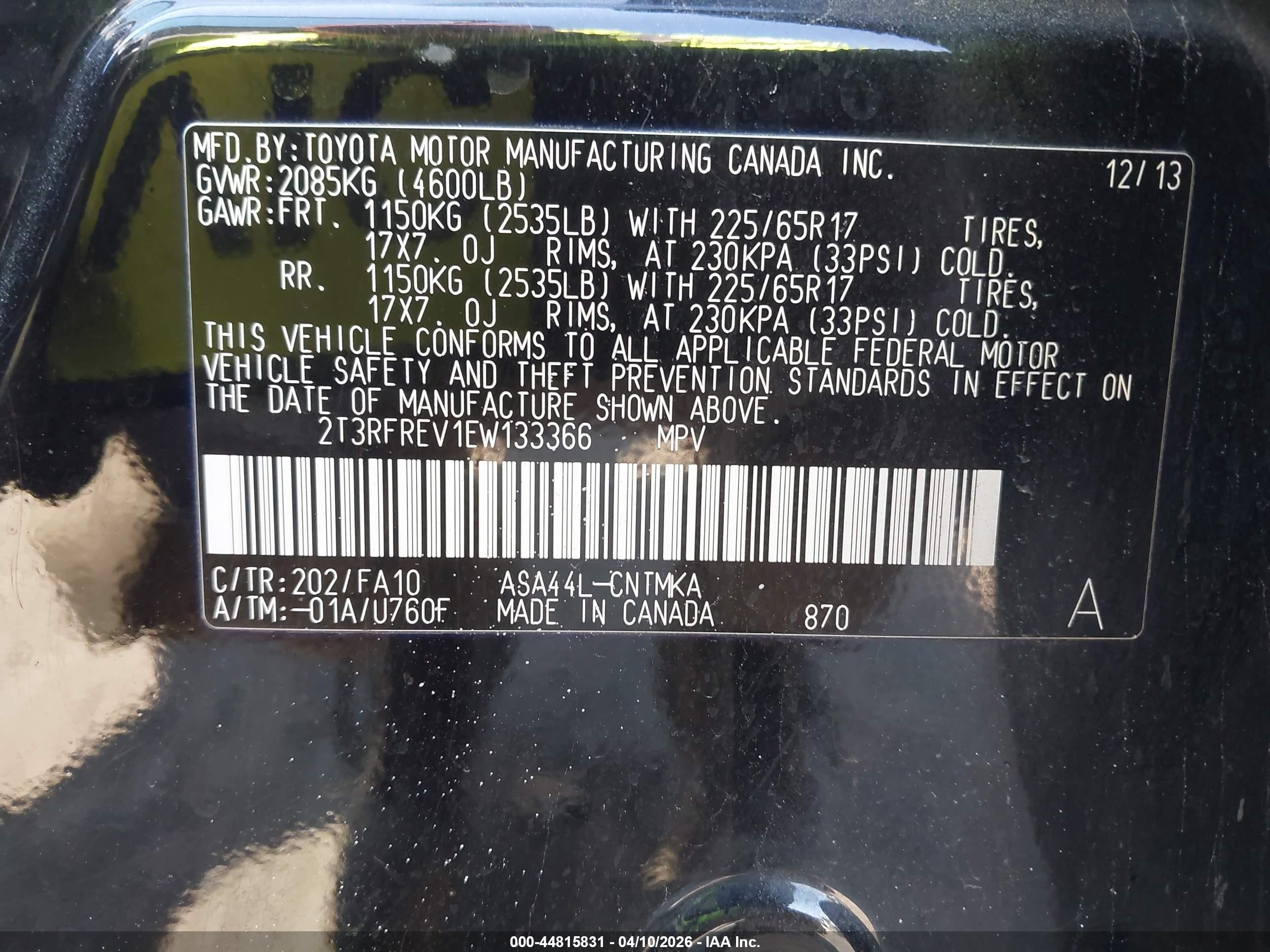 2014 Toyota Rav4 Xle Black vin: 2T3RFREV1EW133366