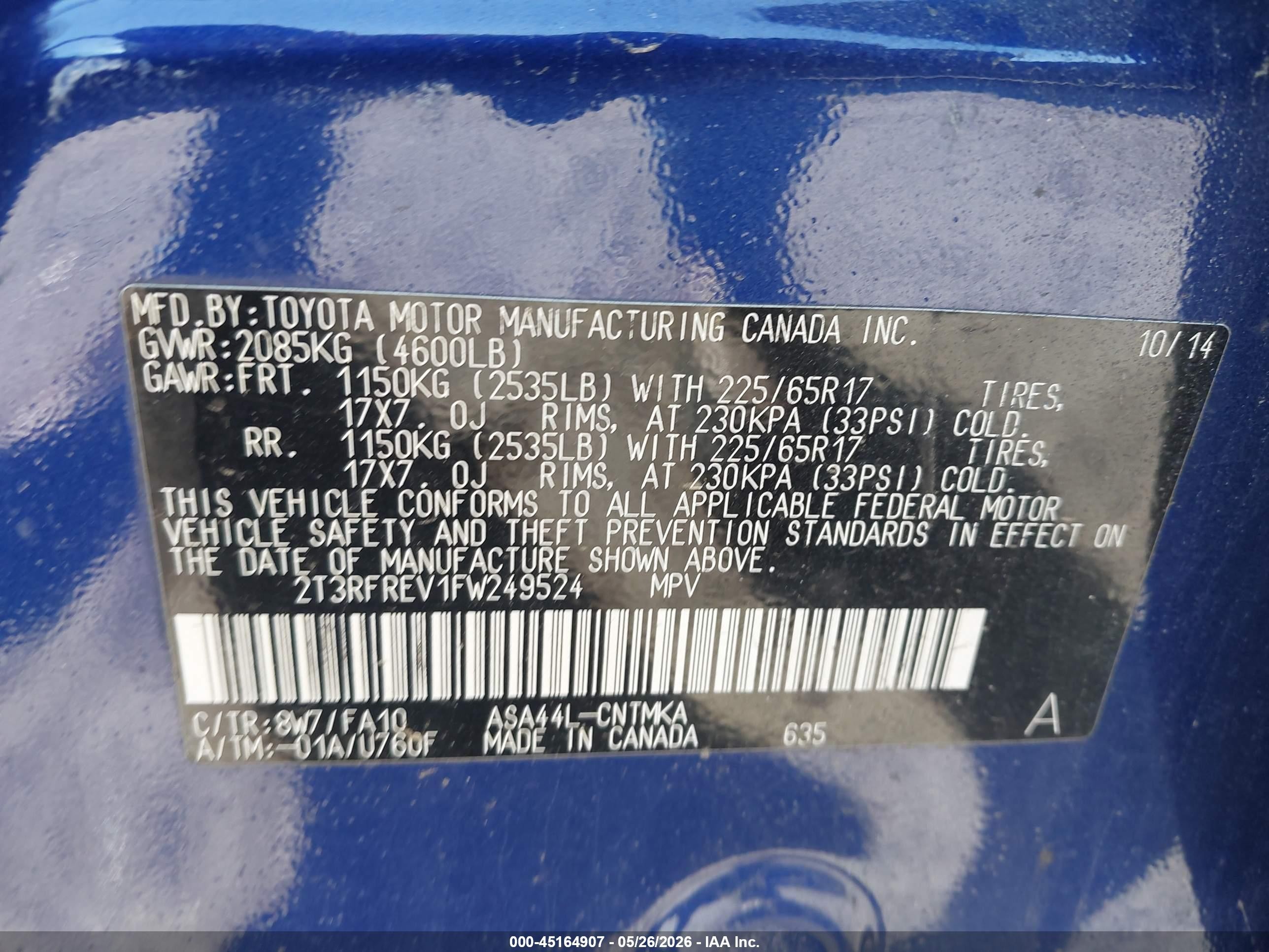 2015 Toyota Rav4 Xle Blue vin: 2T3RFREV1FW249524