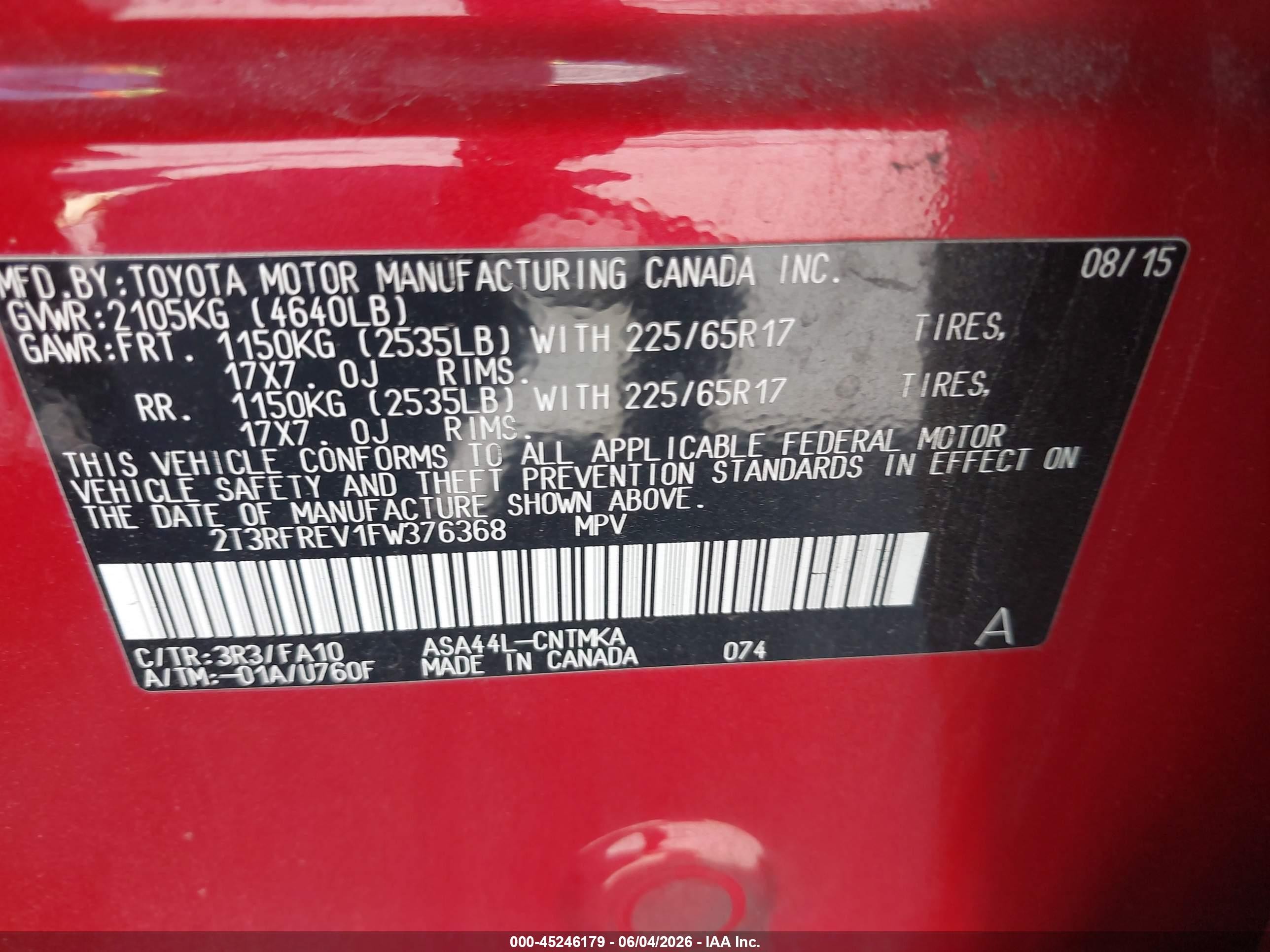 2015 Toyota Rav4 Xle Red vin: 2T3RFREV1FW376368