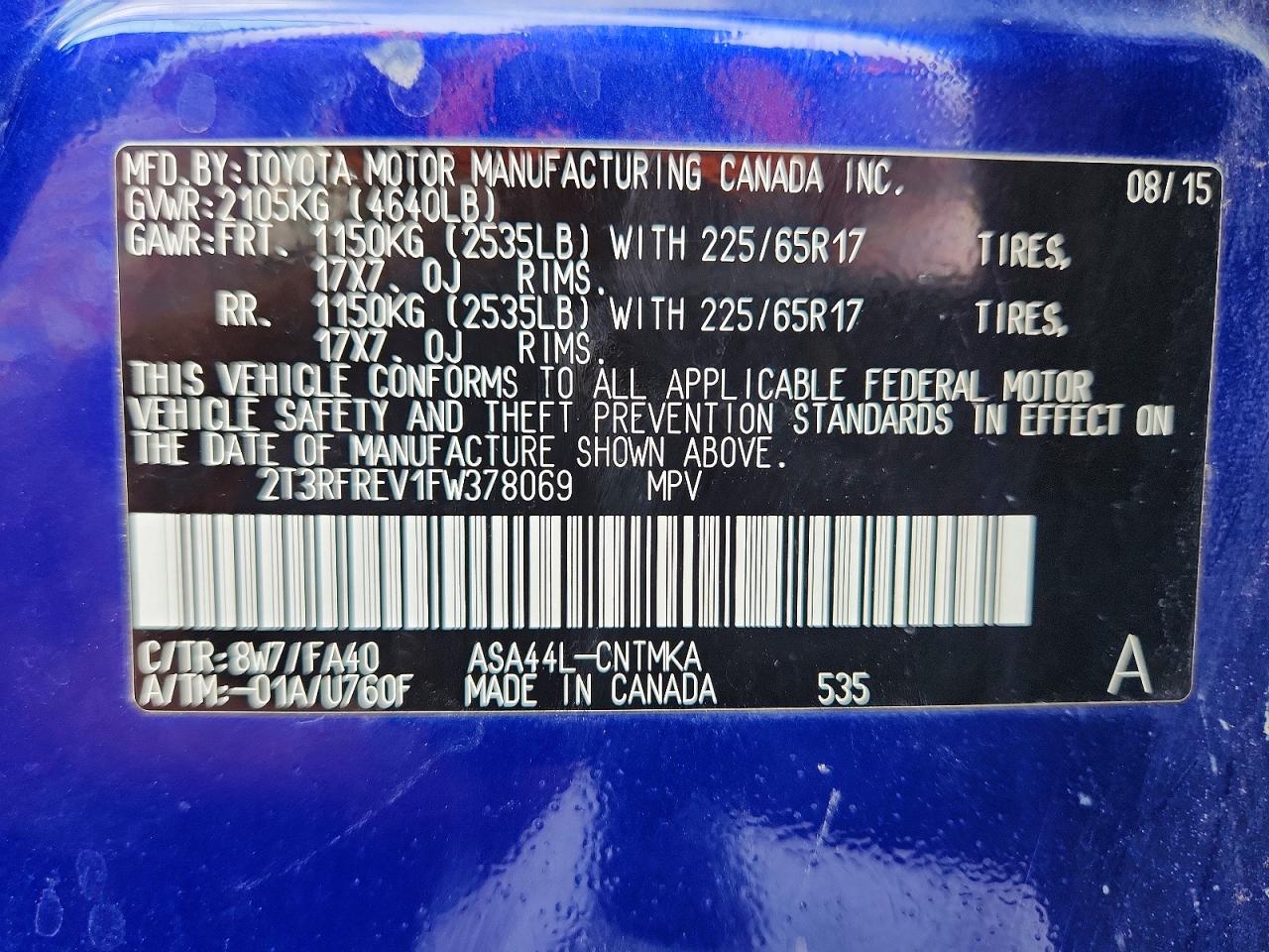 2015 Toyota Rav4 Xle Blue vin: 2T3RFREV1FW378069