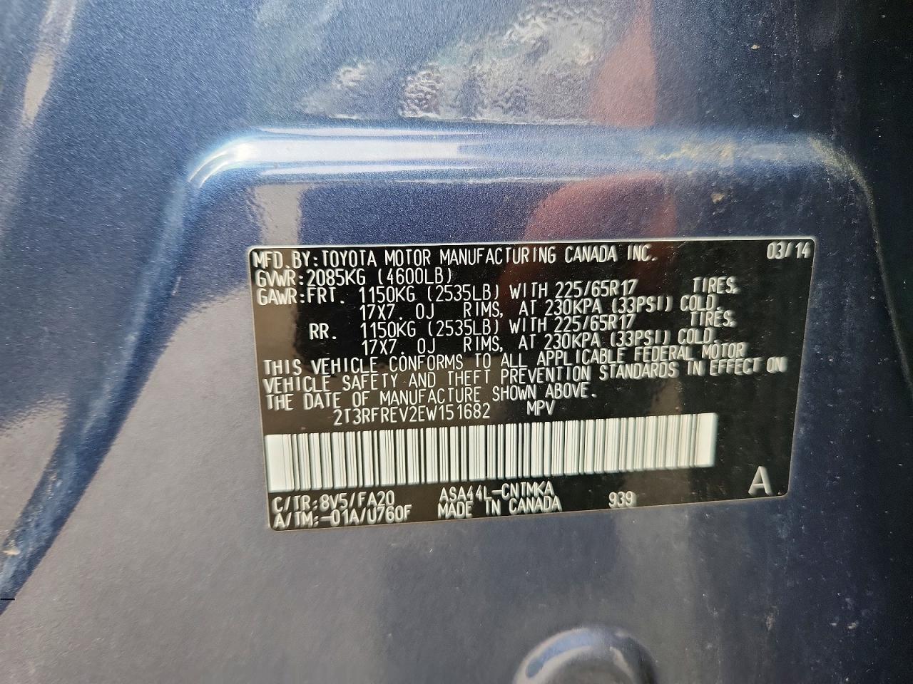 2014 Toyota Rav4 Xle Blue vin: 2T3RFREV2EW151682