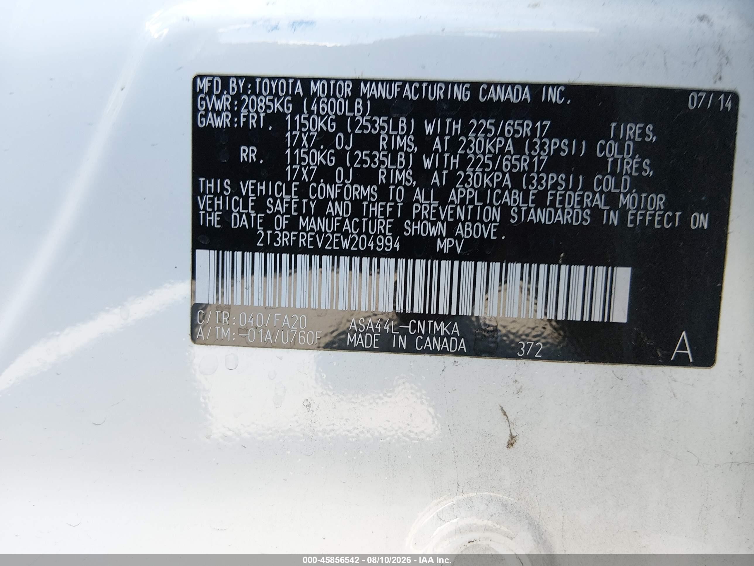 2014 Toyota Rav4 Xle White vin: 2T3RFREV2EW204994