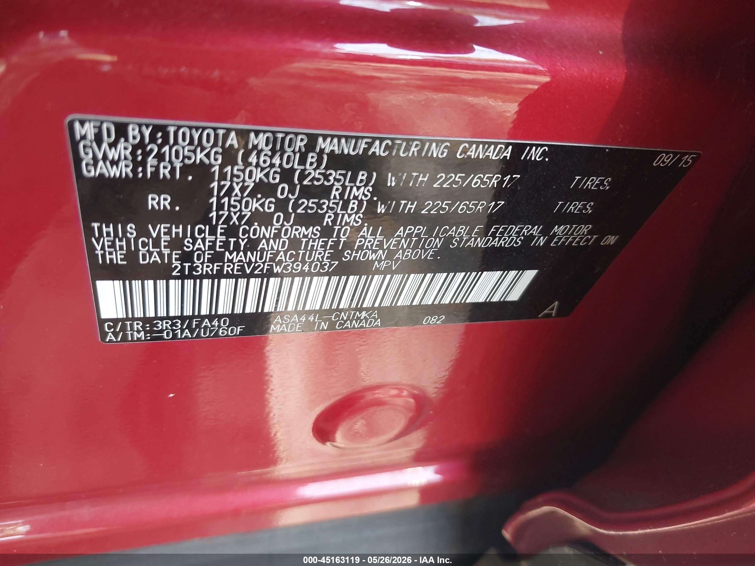 2015 Toyota Rav4 Xle Red vin: 2T3RFREV2FW394037
