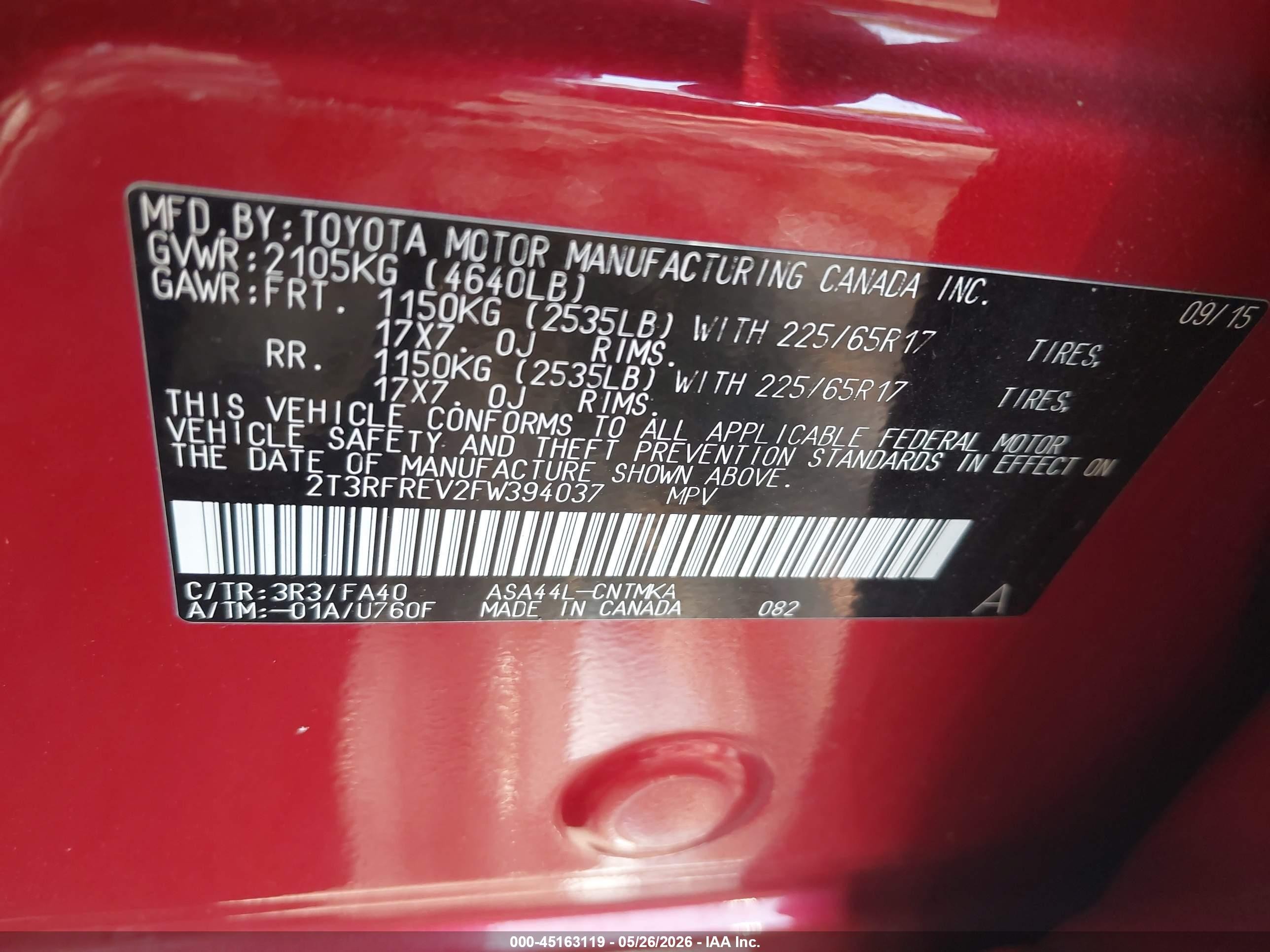 2015 Toyota Rav4 Xle Red vin: 2T3RFREV2FW394037