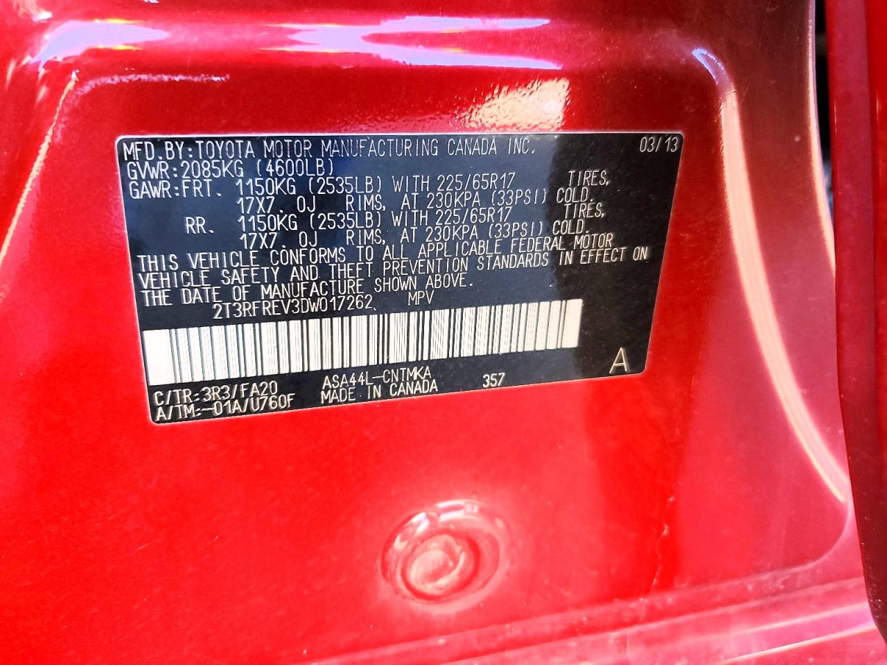 2013 Toyota Rav 4 Red vin: 2T3RFREV3DW017262