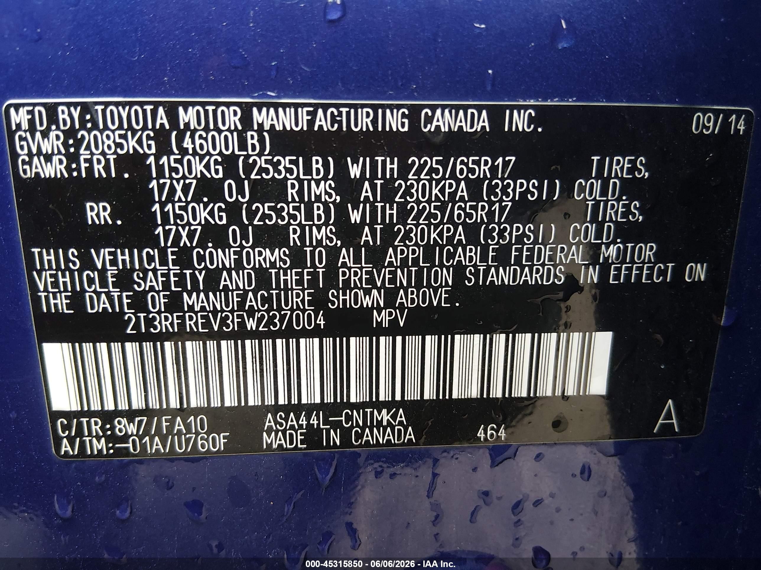 2015 Toyota Rav4 Xle Blue vin: 2T3RFREV3FW237004