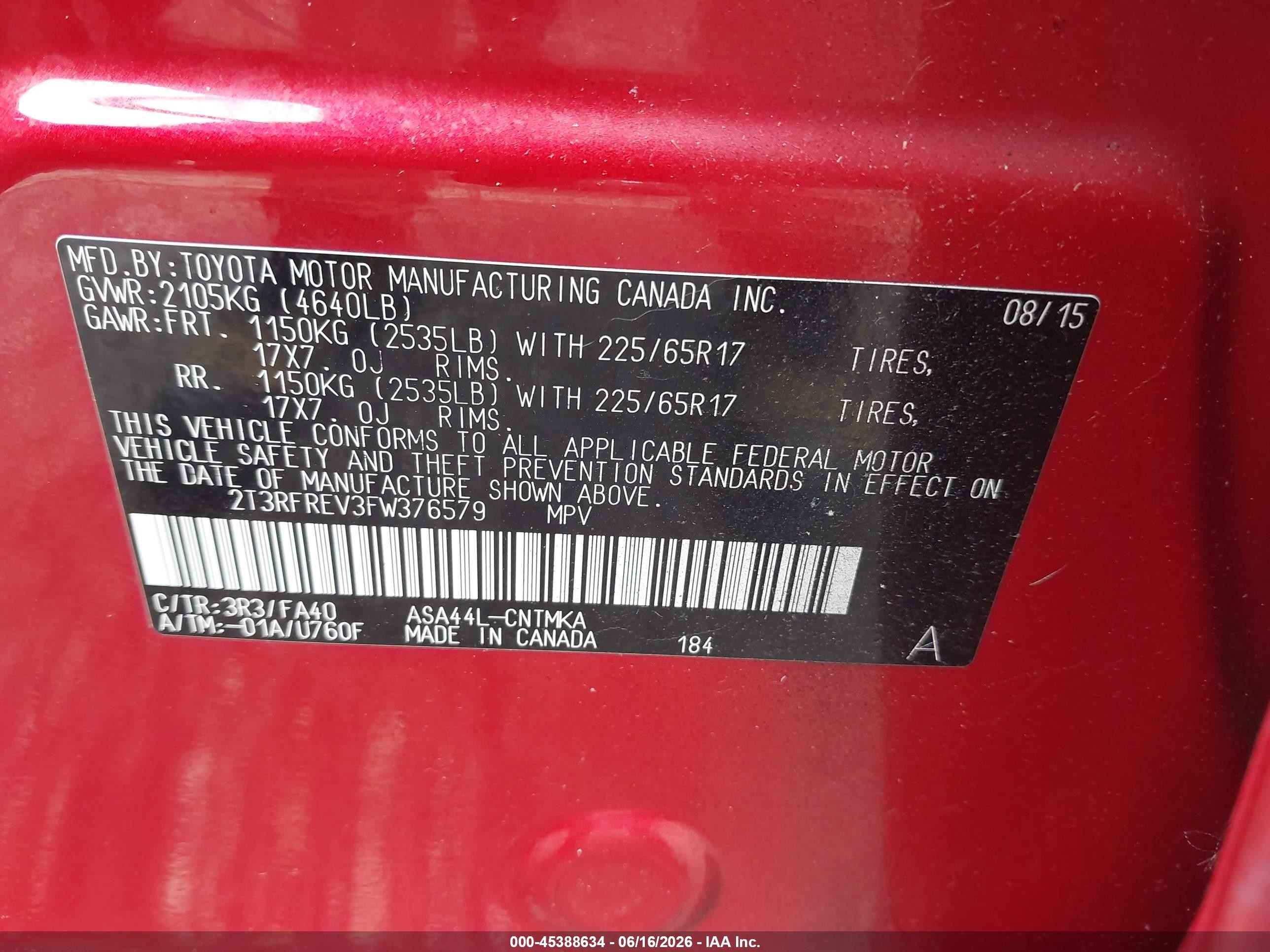 2015 Toyota Rav4 Xle Red vin: 2T3RFREV3FW376579