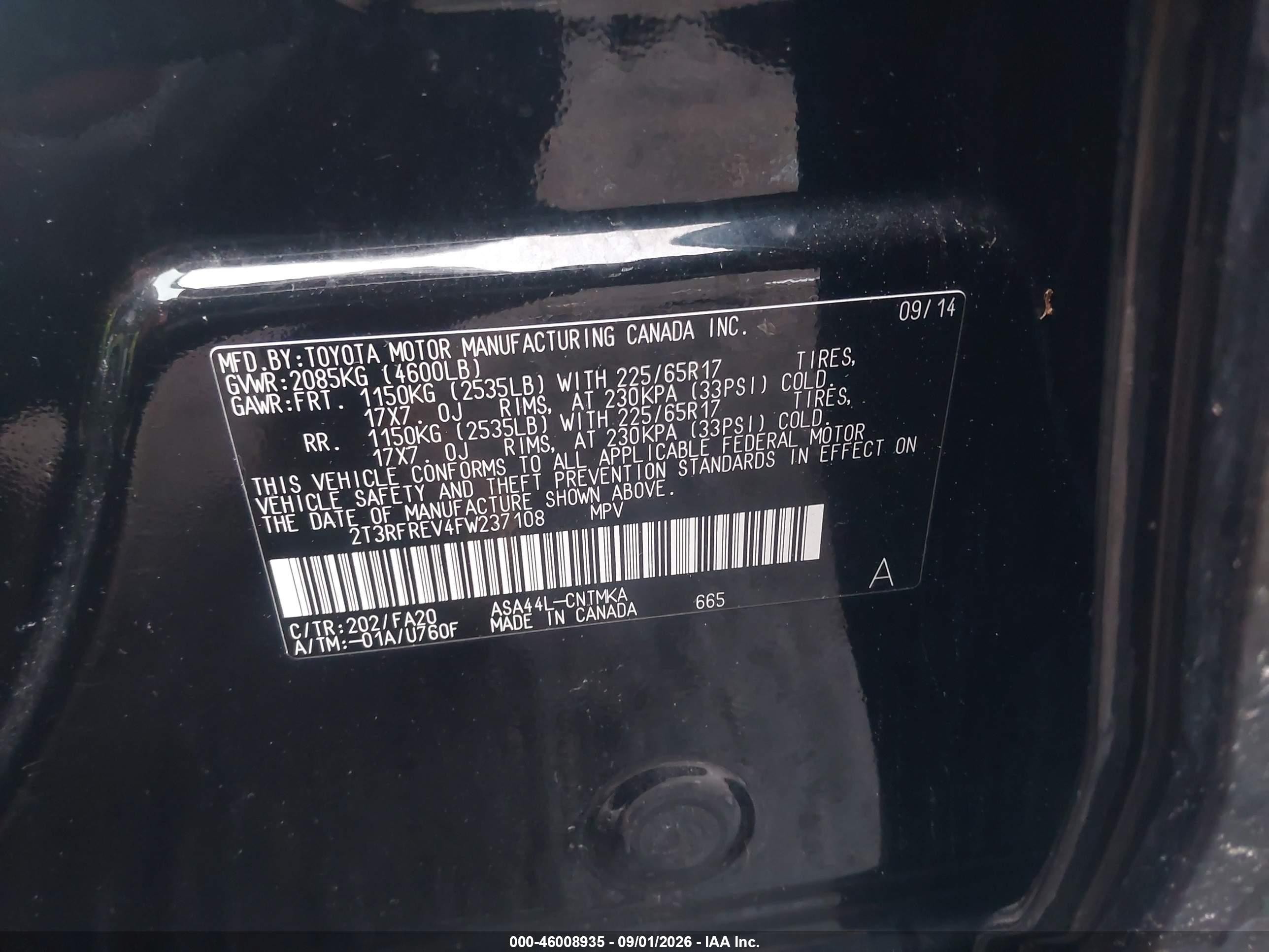 2015 Toyota Rav4 Xle Black vin: 2T3RFREV4FW237108
