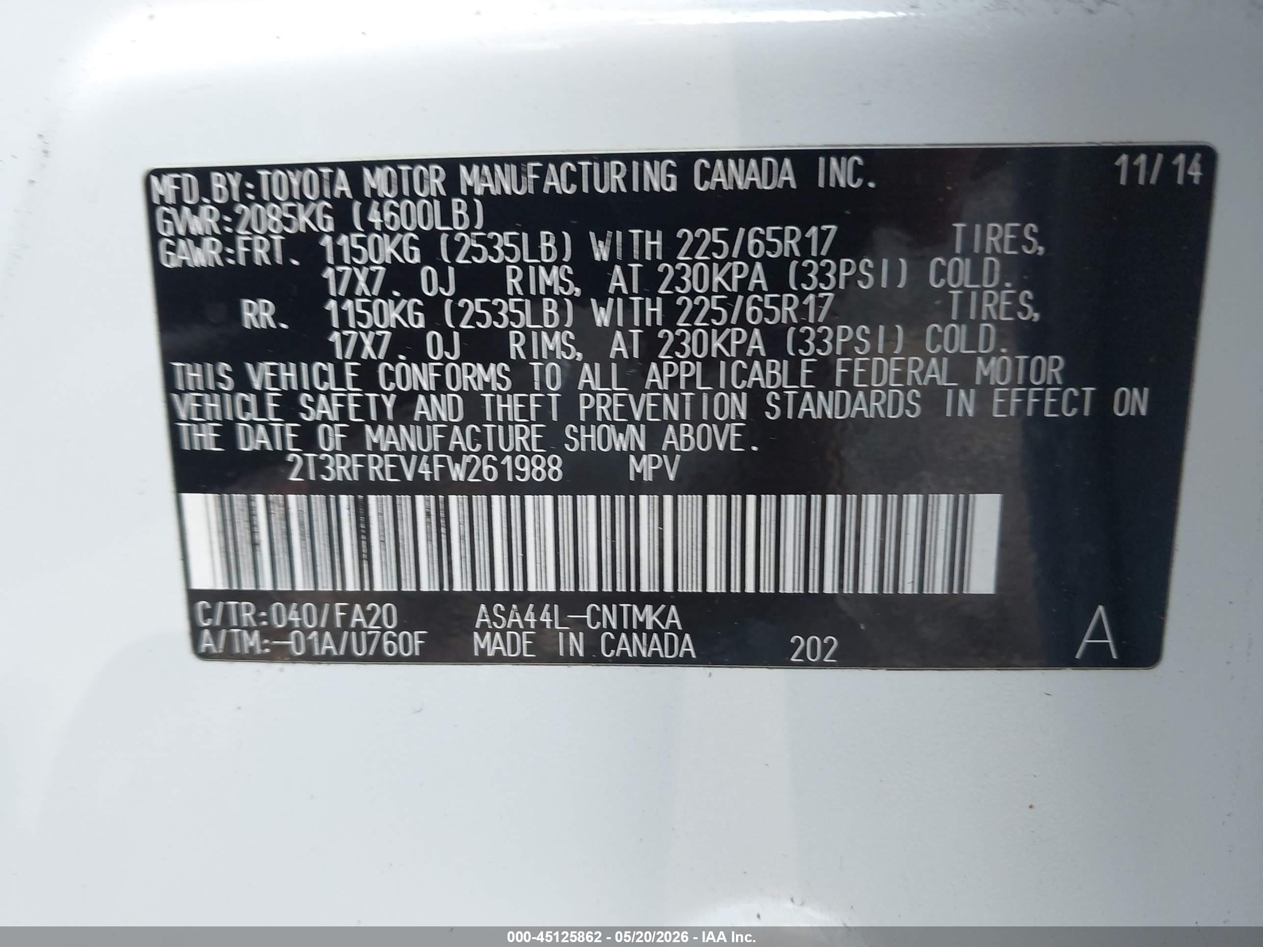 2015 Toyota Rav4 Xle White vin: 2T3RFREV4FW261988