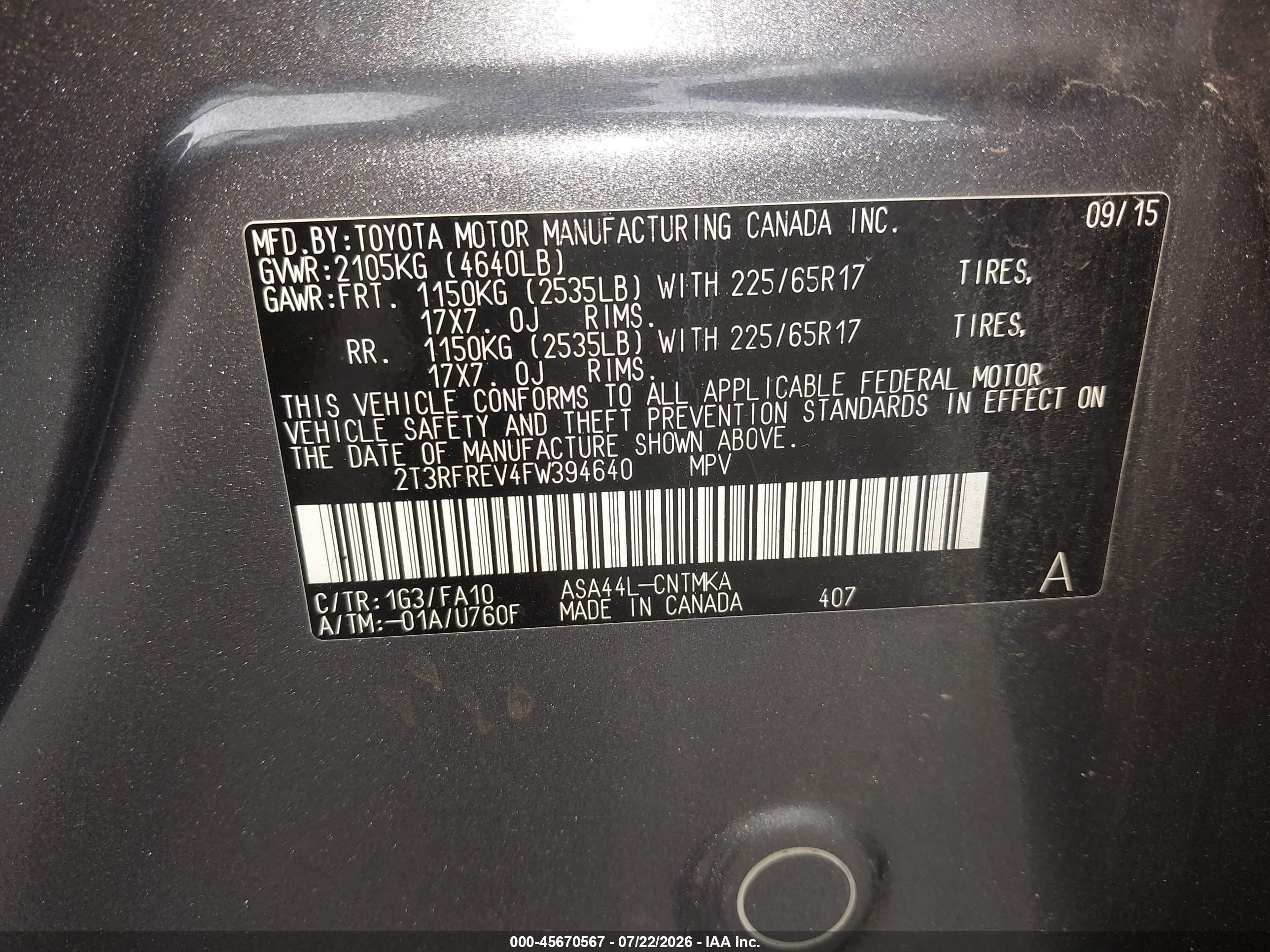 2015 Toyota Rav4 Xle Gray vin: 2T3RFREV4FW394640