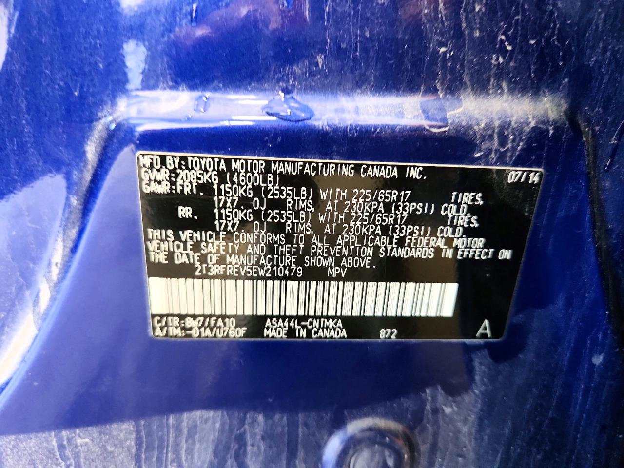 2014 Toyota Rav4 Xle Blue vin: 2T3RFREV5EW210479