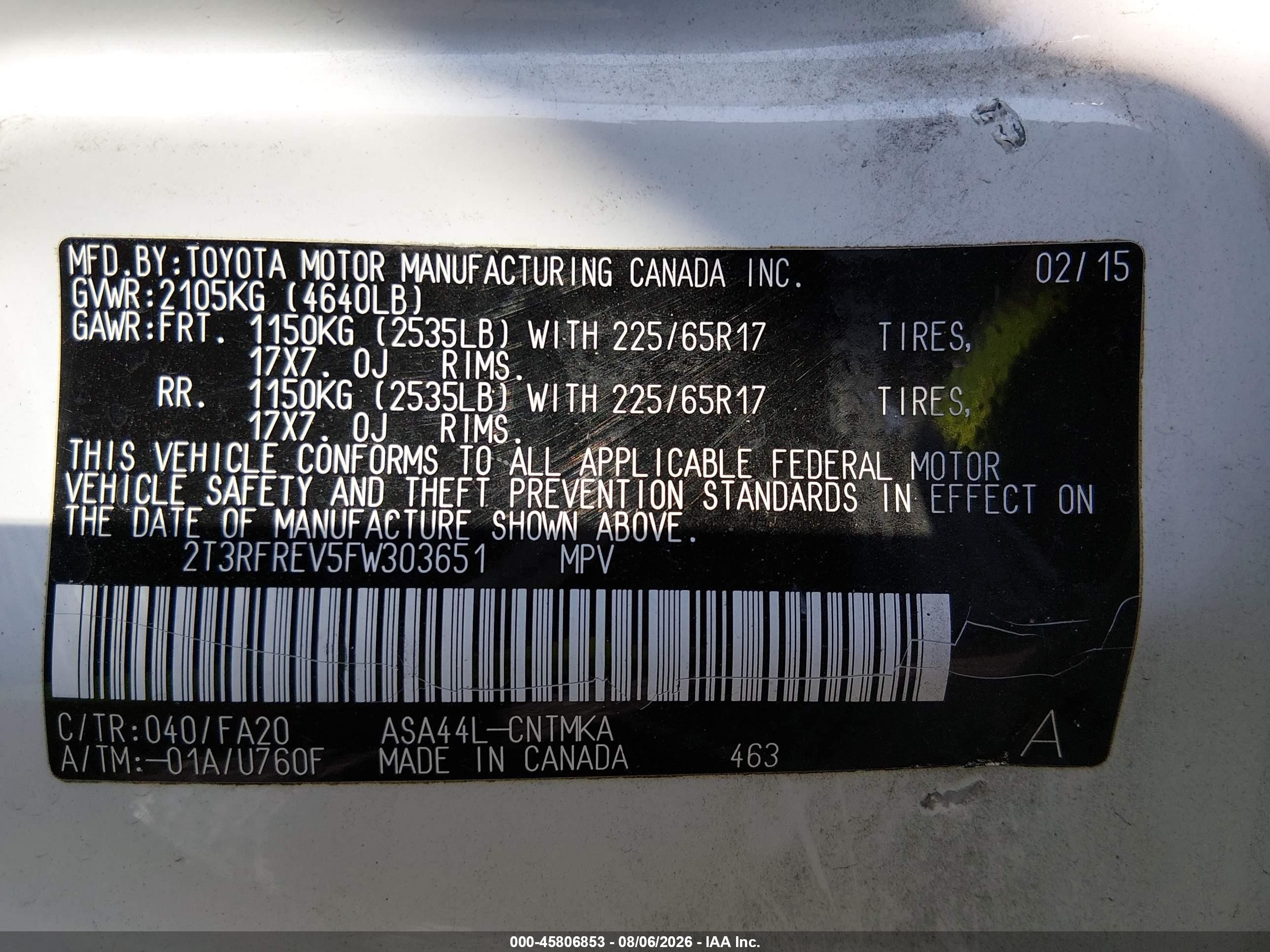 2015 Toyota Rav4 Xle White vin: 2T3RFREV5FW303651